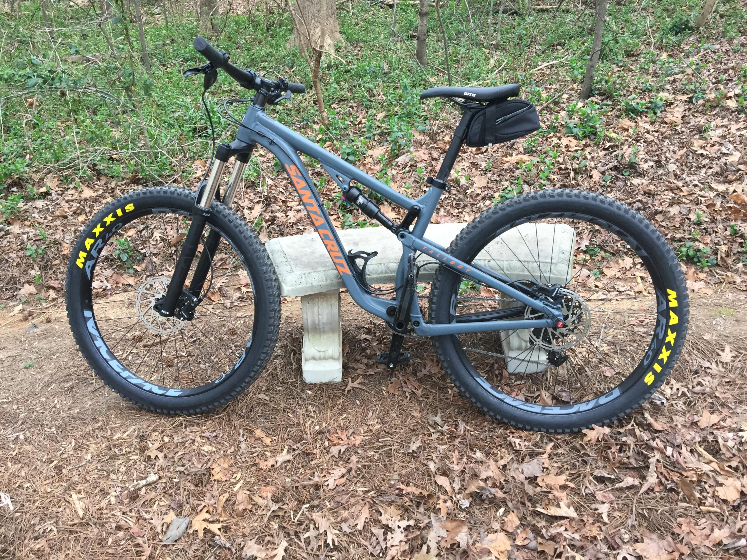 Santa Cruz Tallboy Carbon: A gray mountain bike with "Santa Cruz" branding resting against a stone bench, surrounded by a forest floor covered with fallen leaves. The bike features large tires with "Maxxis" labeling and has a small black saddlebag attached to the seat.