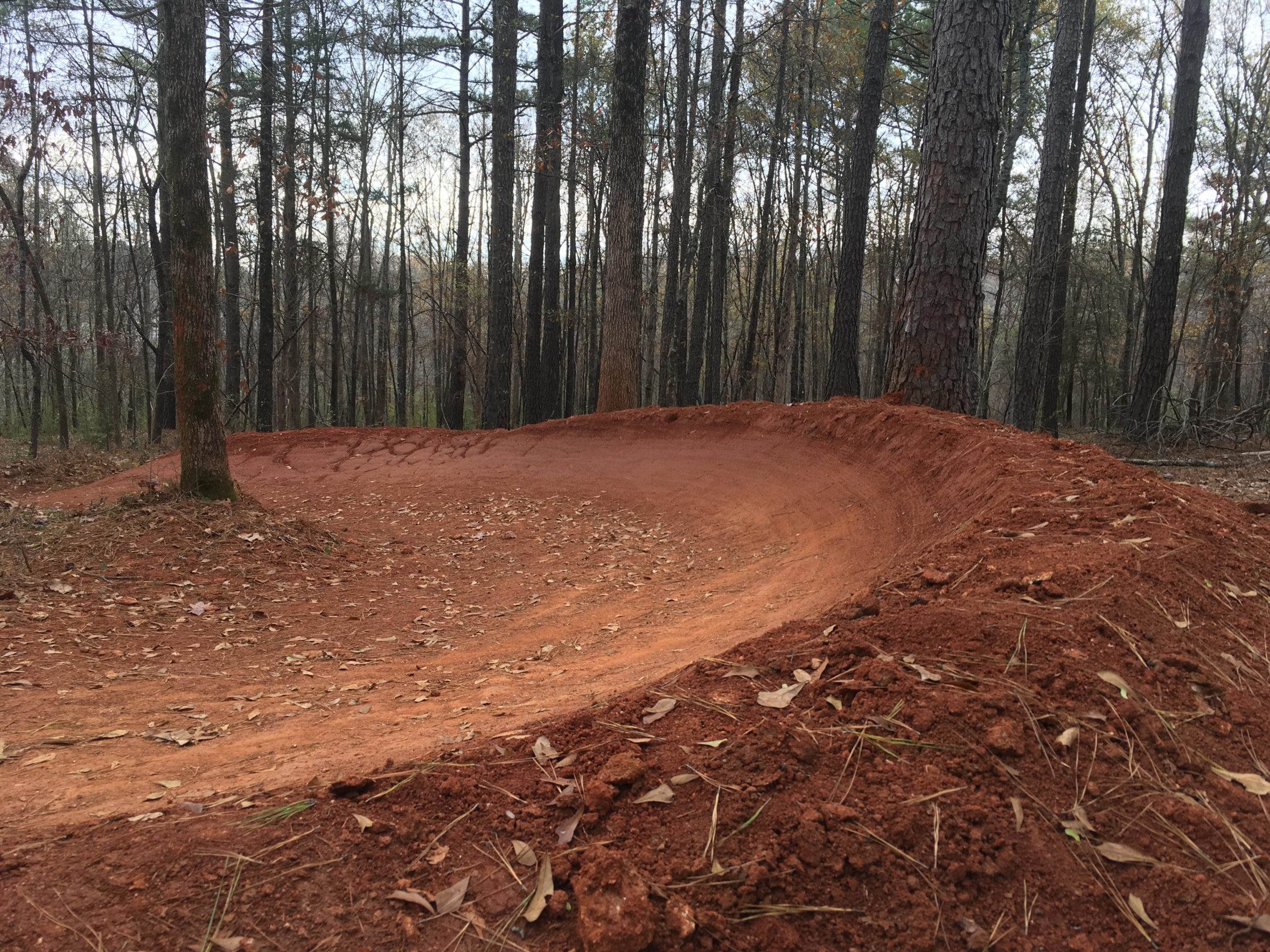 A winding dirt trail surrounded by trees, showing a reddish-brown surface and a curved berm, indicating a biking or hiking path in a forested area. Trail Creek Park mountain bike trail.