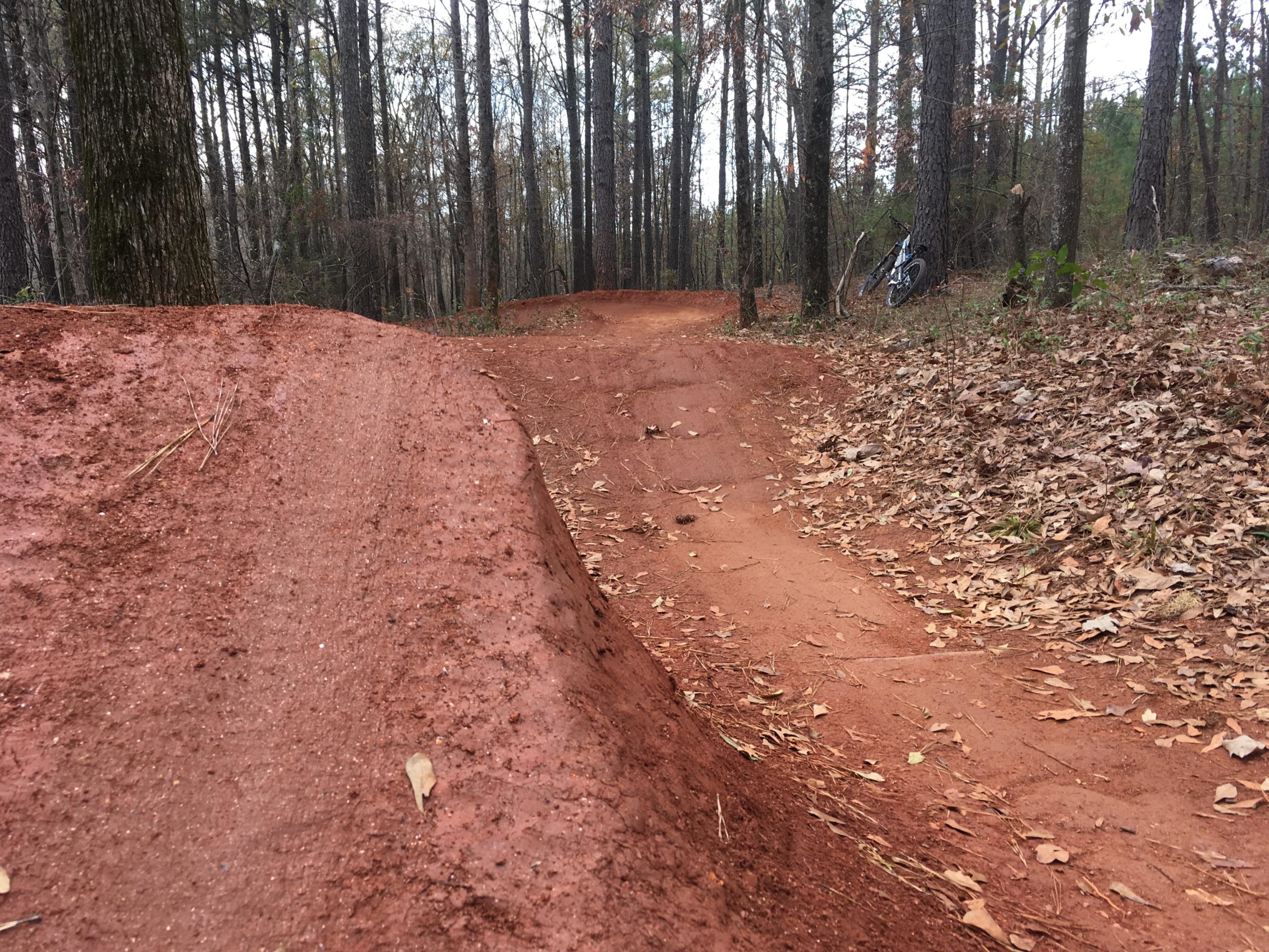 A dirt mountain bike track winding through a wooded area, featuring red soil, a slight incline and a jump. Fallen leaves cover the edges of the path, with trees lining the background. A bike is visible resting against a tree in the distance. Trail Creek Park mountain bike trail.