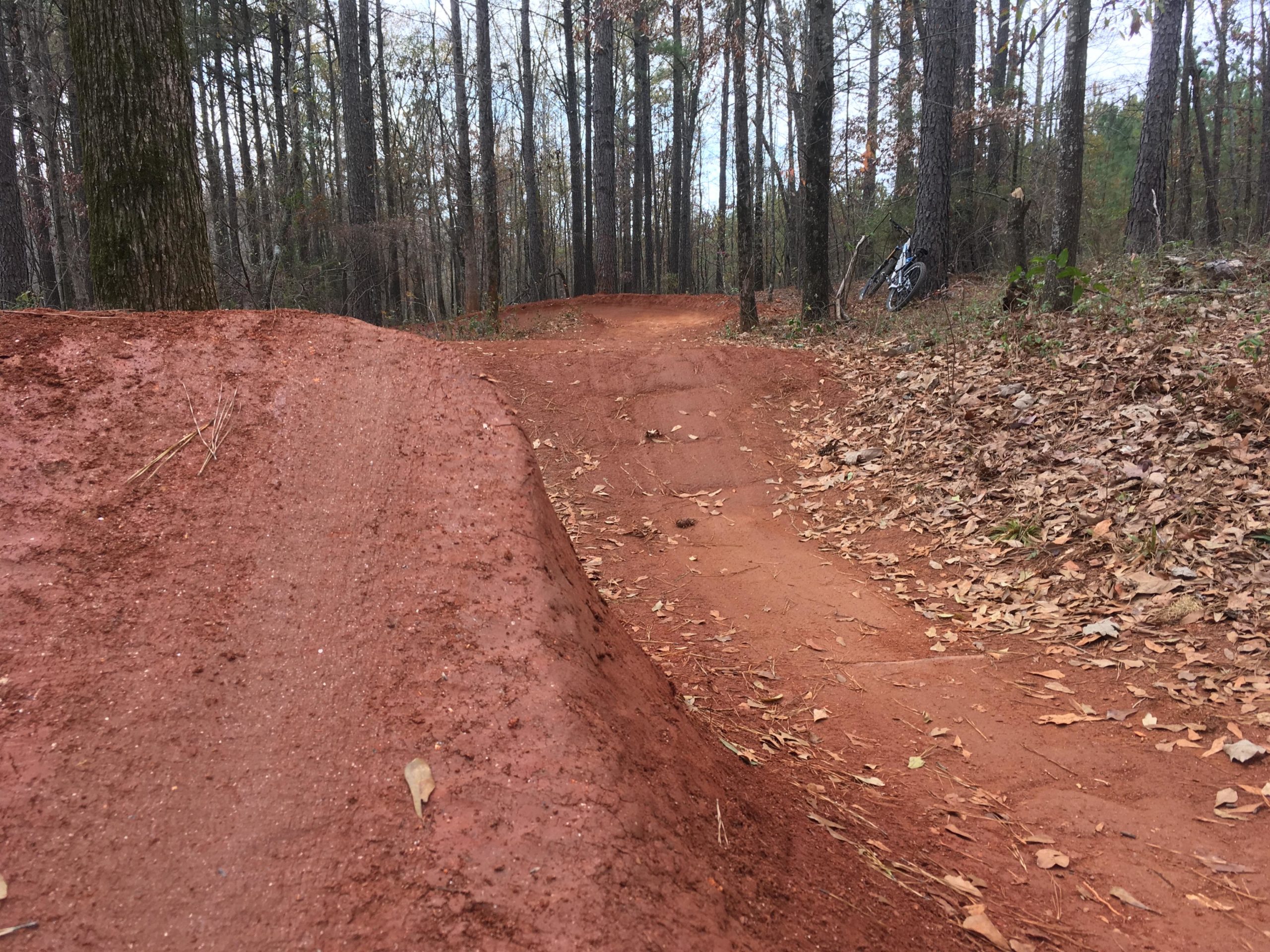 A dirt bike trail winding through a wooded area, featuring a reddish-brown, packed earth path with a jump ramp on the left. Leafy debris is scattered along the trail, and a bicycle can be seen leaning against a tree in the background. The scene is framed by tall trees with sparse foliage, suggesting a late autumn or early winter setting. Trail Creek Park mountain bike trail.