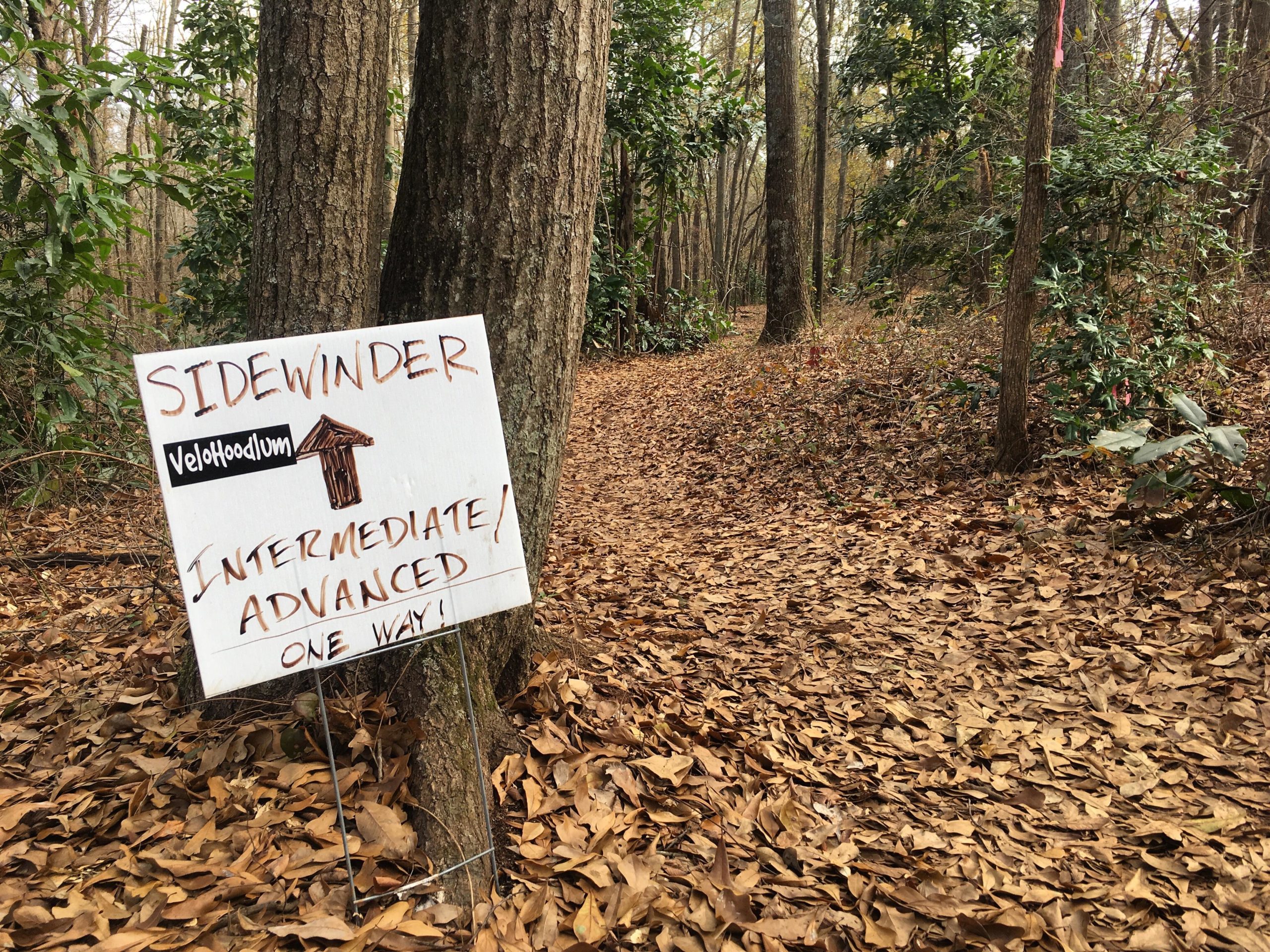 Sign for the Sidewinder trail, indicating it is suitable for intermediate to advanced users. The sign features an arrow pointing in the direction of the trail, surrounded by a wooded area with fallen leaves on the ground. Trail Creek Park mountain bike trail.