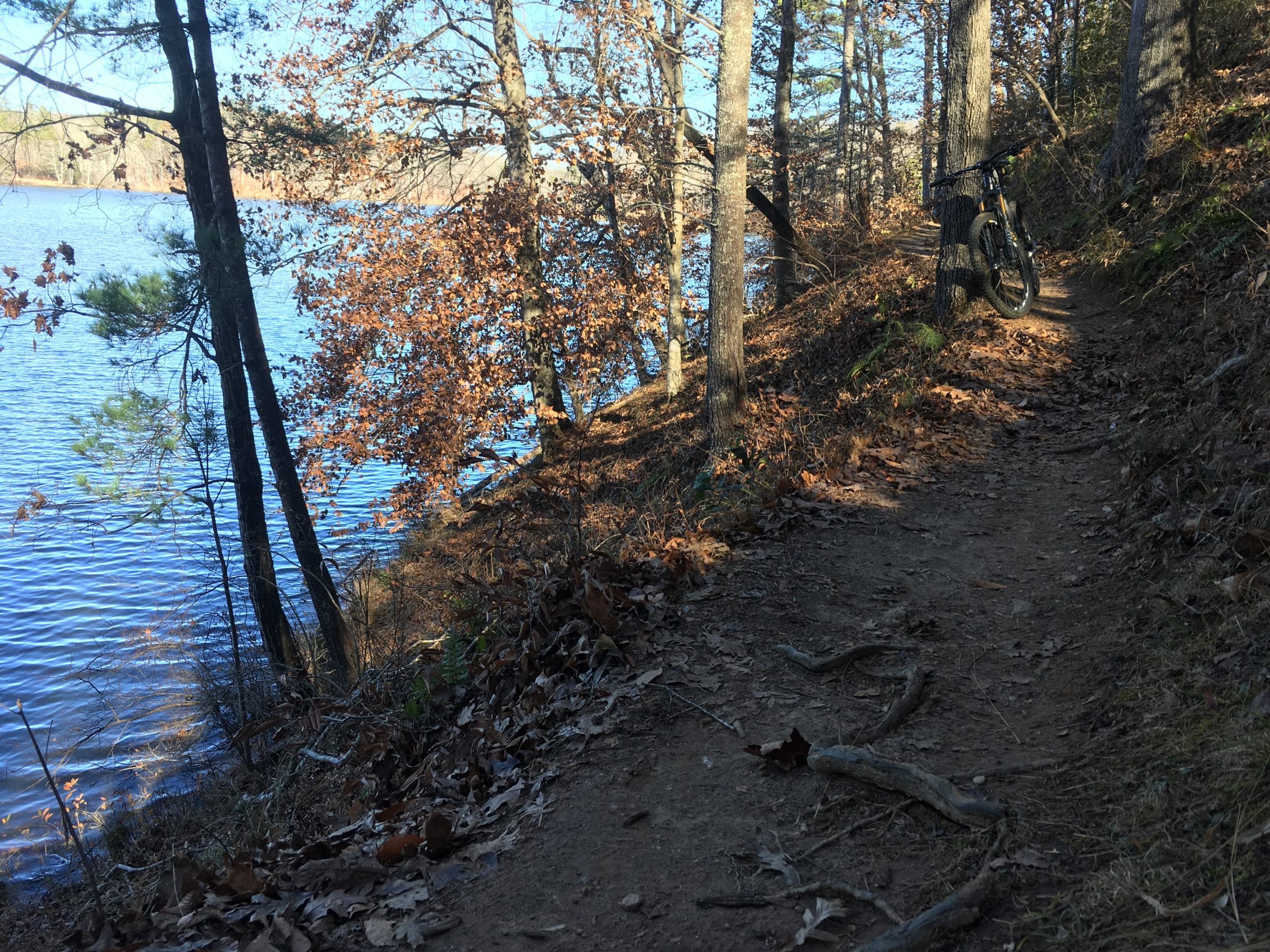 A scenic view of a narrow dirt biking trail bordered by trees, with a body of water visible in the background. The trail is lined with fallen leaves, and a mountain bike leans against a tree on the right side of the path. The setting reflects a serene outdoor environment. Issaqueena Lake mountain bike trail.