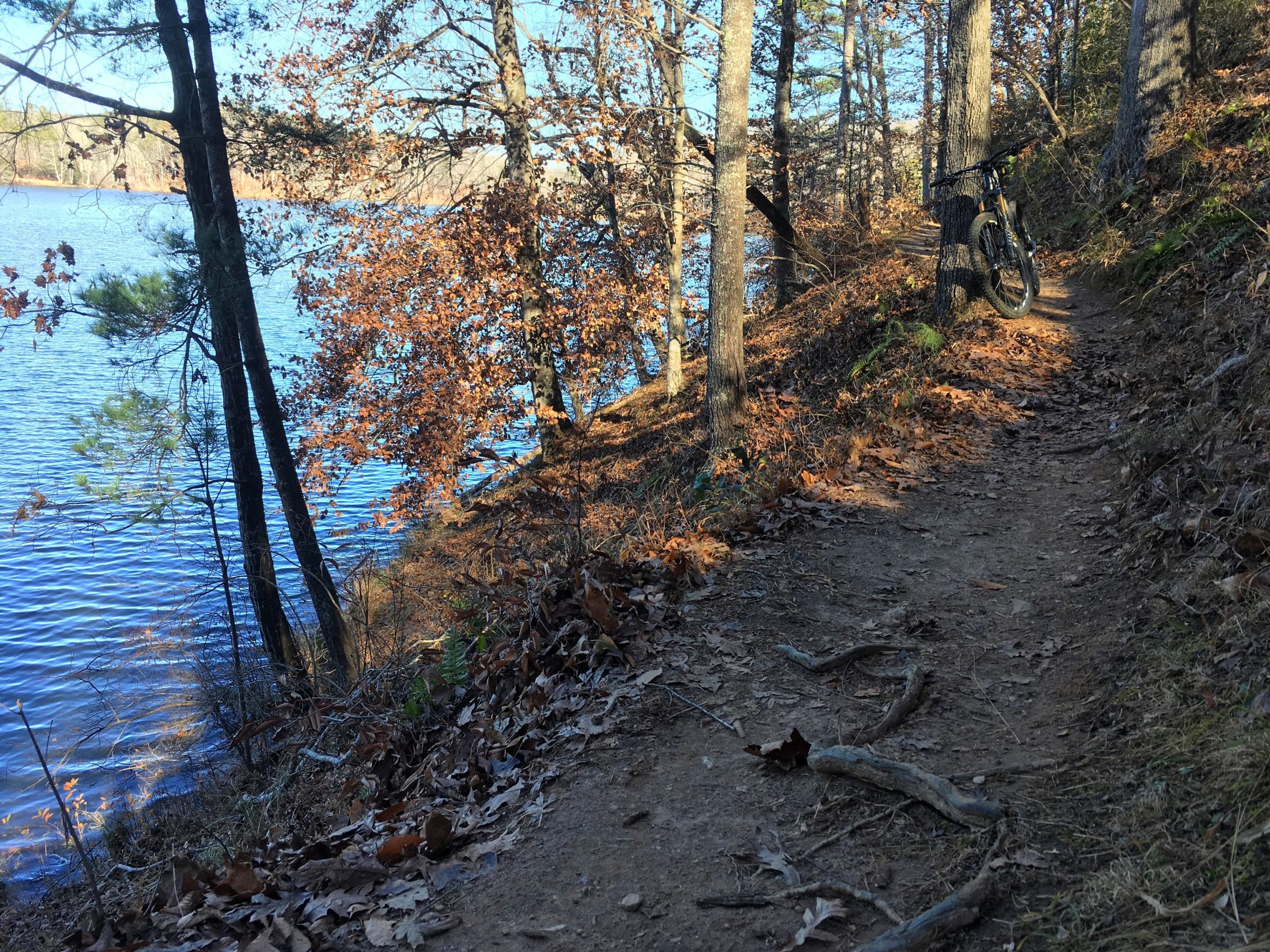 A peaceful dirt trail winding along a lakeshore, surrounded by trees with autumn leaves. A bicycle leans against a tree on the path, with calm blue water visible in the background. Issaqueena Lake mountain bike trail.
