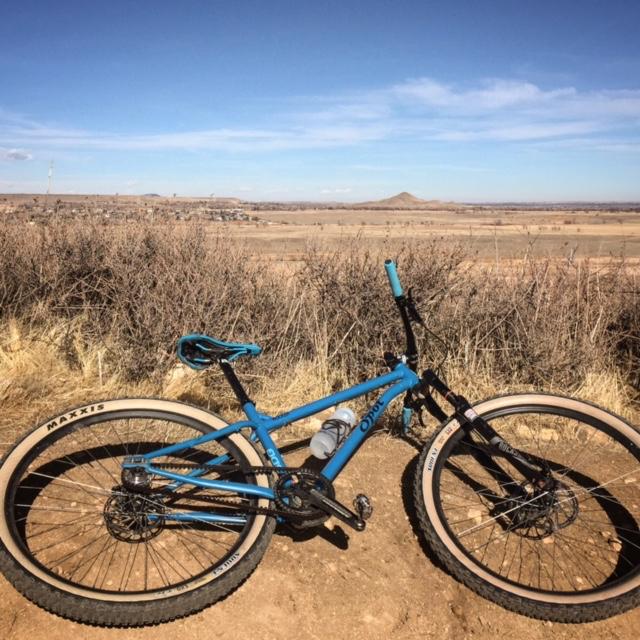Spot Rocker Spot: A blue mountain bike resting on the ground, surrounded by dry brush and grass, with a wide, open landscape in the background under a clear blue sky.