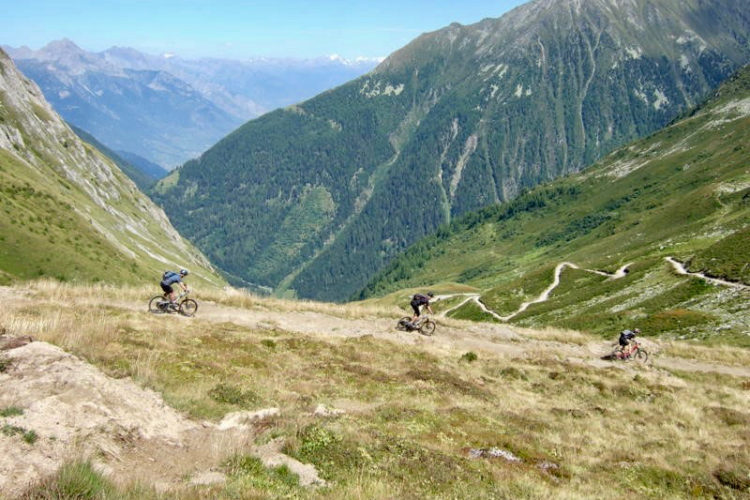 Three mountain bikers navigate a grassy trail in a mountainous landscape. The scene features steep hills and valleys, with a backdrop of lush green forests and distant peaks under a clear blue sky. The winding bike path can be seen leading through the terrain, highlighting the outdoor adventure and natural beauty of the area.
