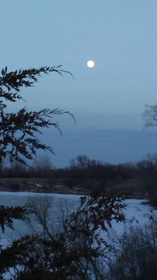 A tranquil evening scene featuring a full moon in a clear, darkening sky. Silhouetted tree branches frame the image in the foreground, with a snow-covered landscape and a calm body of water visible in the background. The overall mood is serene and peaceful, capturing the beauty of nature at twilight.