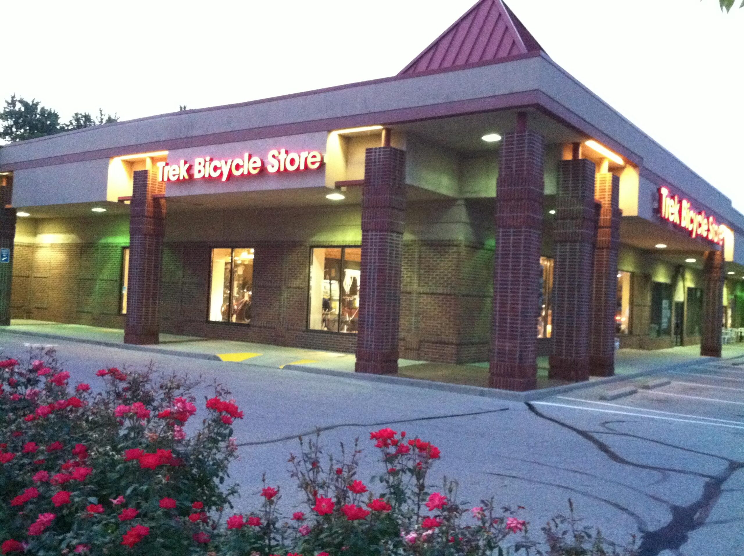 Alt text: Exterior view of a Trek Bicycle Store at dusk, featuring red signage and large display windows. Flowering red bushes are in the foreground, and the parking area is visible.