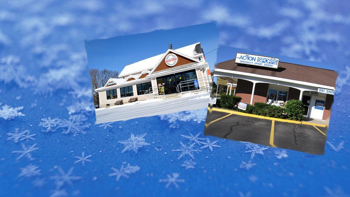Image of two storefronts overlaying a blue background with snowflakes. On the left is a large building with a pitched roof and large windows, possibly a restaurant or café. On the right is a smaller building labeled "Action Sports Specialty Shops," indicating it offers ski and bike equipment.