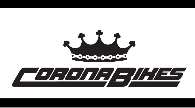 Logo for Corona Bikes featuring bold black text with a crown above the word "Bikes" on a white background.