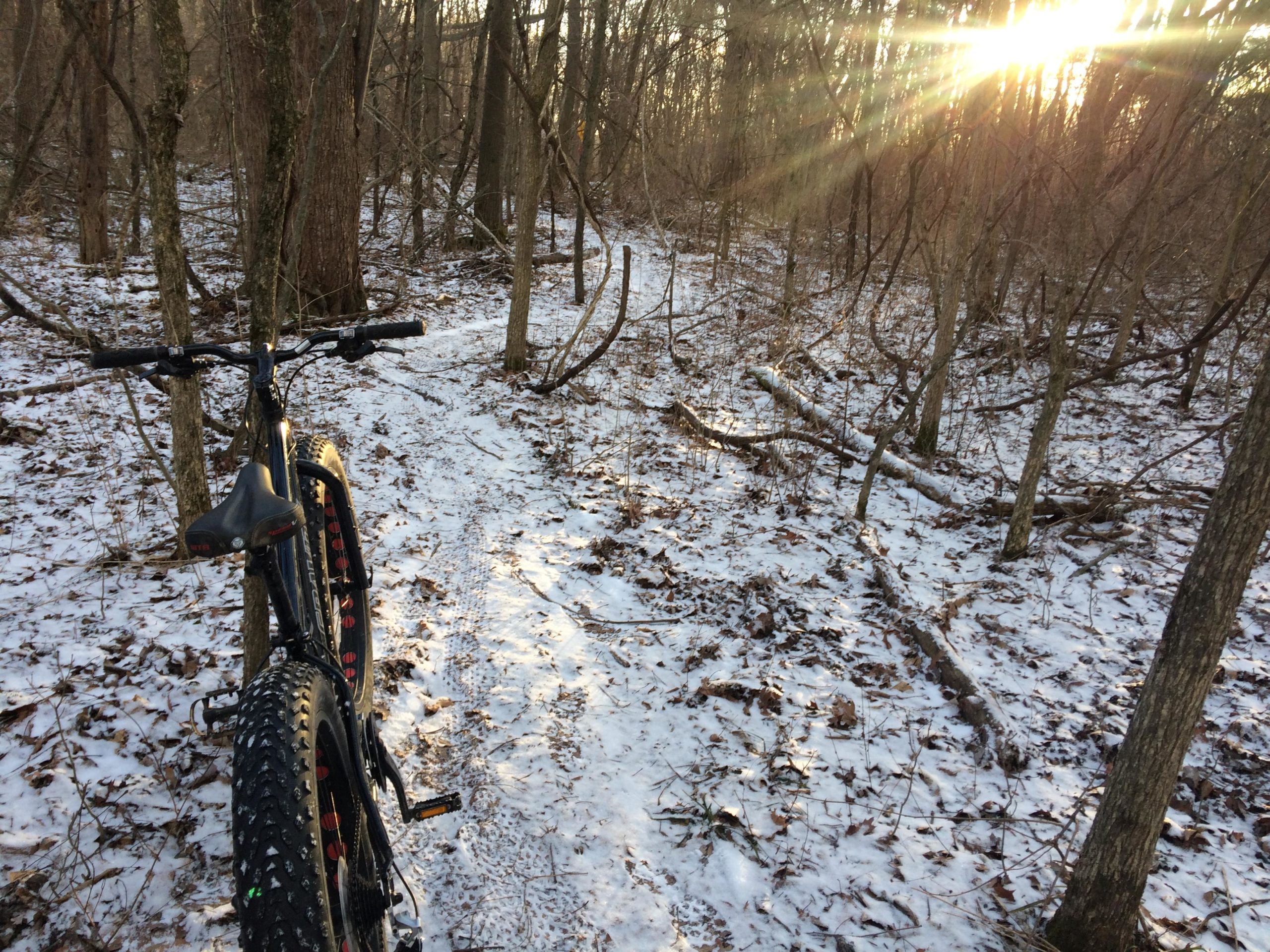 A mountain bike parked on a snowy trail surrounded by bare trees, with the sun shining through the branches. The path is covered in snow and leaves, indicating a winter setting. Anderson Park mountain bike trail.