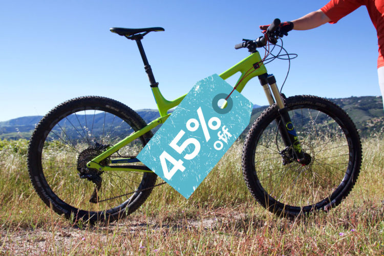 A bright green mountain bike is displayed in a scenic outdoor setting, with hills in the background. The bike is upright and has a sale tag attached, indicating a 45% discount. The foreground features tall grass and wildflowers, suggesting a vibrant and natural environment.