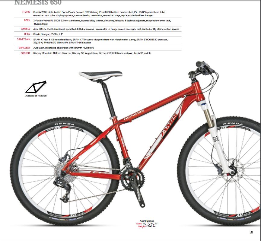 Jamis Nemesis: Alt text: A red mountain bike labeled "Nemesis 650" featuring a lightweight aluminum frame, front suspension, and knobby tires. The bike has a modern design, equipped with SRAM components, hydraulic disc brakes, and Kenda tires. Specifications such as size options (15", 17", 19", 21") and weight (2700 lbs) are also visible.