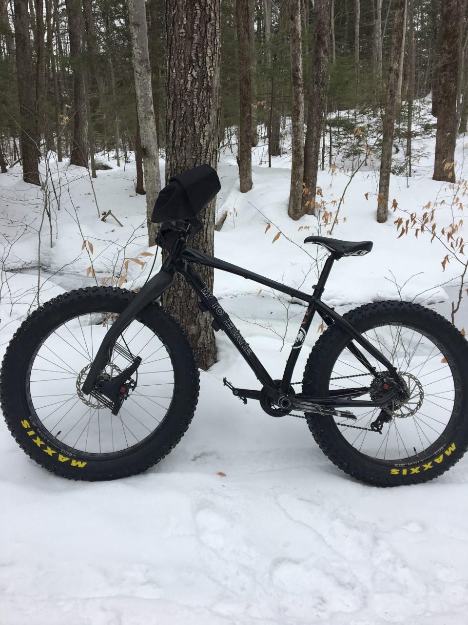 Motobecane NightTrain Bullet: A black fat bike parked against a tree in a snowy forest setting, surrounded by tall trees and winter foliage. The bike features oversized tires designed for snow and rough terrain, and has a small bag mounted on the frame. Snow covers the ground, indicating a winter environment.