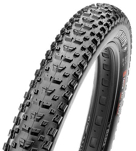 Maxxis Rekon: A close-up image of a black mountain bike tire showing its tread pattern, designed for enhanced grip and traction on various terrains.