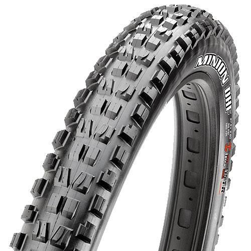 Maxxis Minion DHF Plus: An image of a mountain bike tire, featuring a rugged tread design with large, aggressive knobs for enhanced traction on various terrains. The sidewall displays the brand name "Minion DHF" along with size and performance indicators.