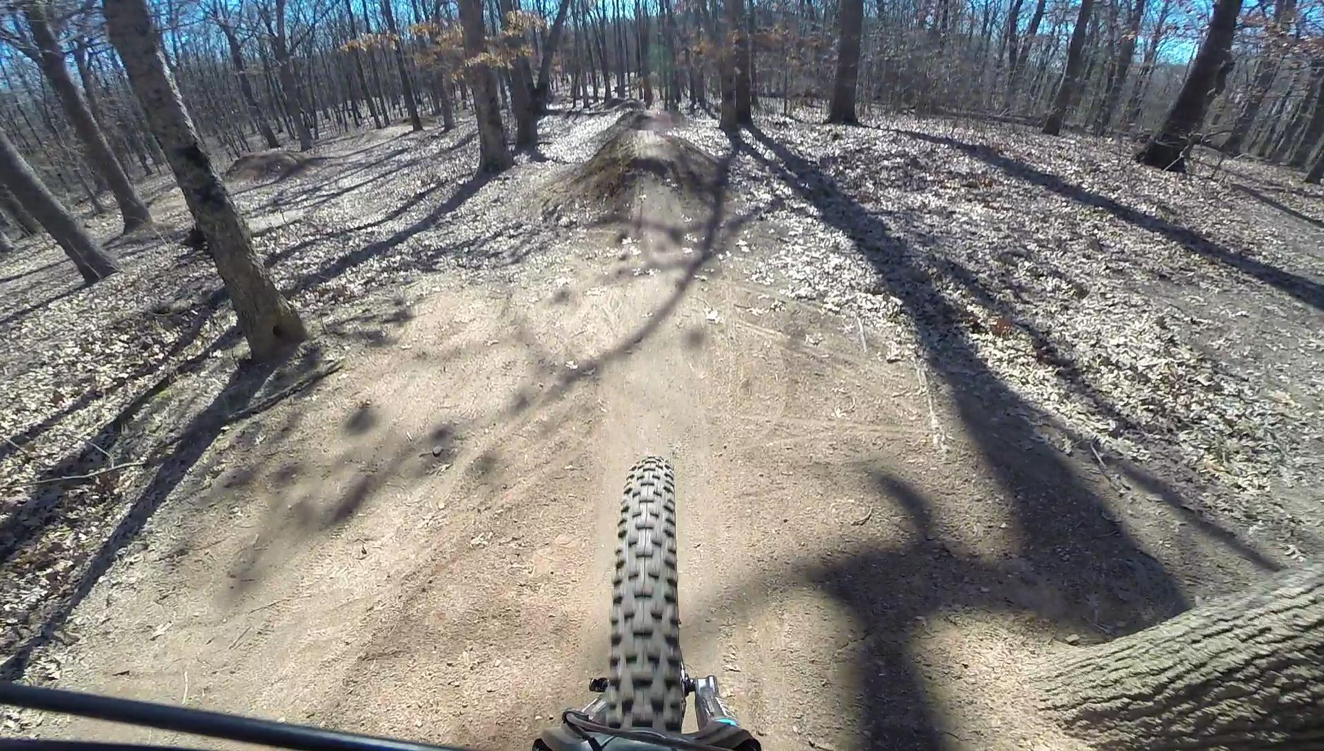 A view from the handlebars of a mountain bike navigating a dirt trail in a wooded area, with shadows of trees cast on the ground and fallen leaves scattered around. The scene captures a sense of adventure and outdoor activity. Wolfes Pond park mountain bike trail.