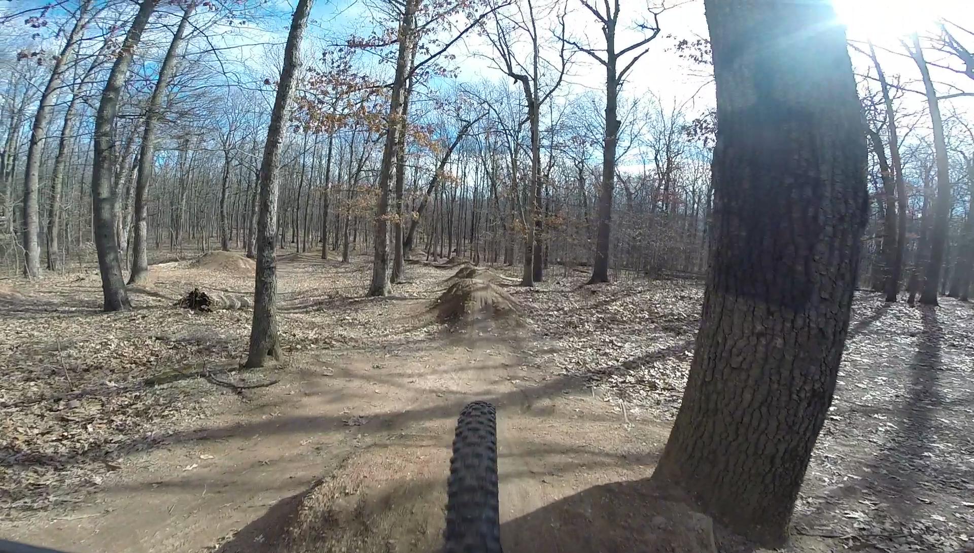 A view of a dirt bike path through a wooded area, with a focus on a bicycle tire in the foreground. The scene features bare trees and a clear blue sky, highlighting a dirt jump and a trail winding through the landscape. Leaves cover the ground, suggesting an early spring or late autumn environment. Wolfes Pond park mountain bike trail.