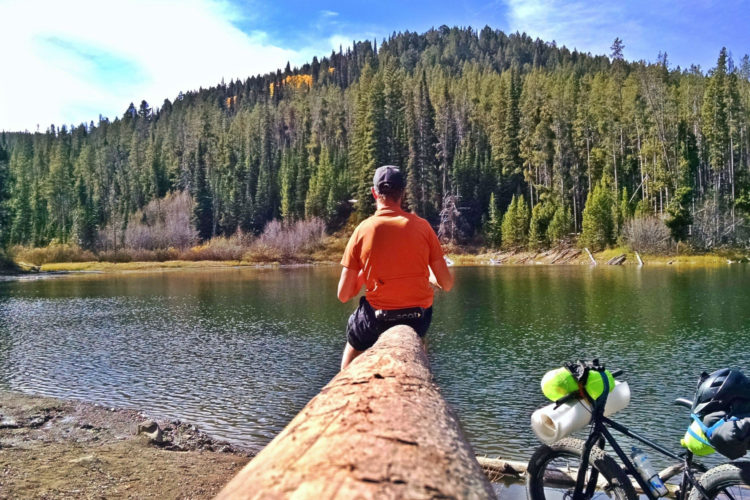 A person sitting on a log by a tranquil lake, surrounded by dense evergreen trees and a clear blue sky. A bicycle with camping gear is parked nearby, suggesting a peaceful outdoor adventure.