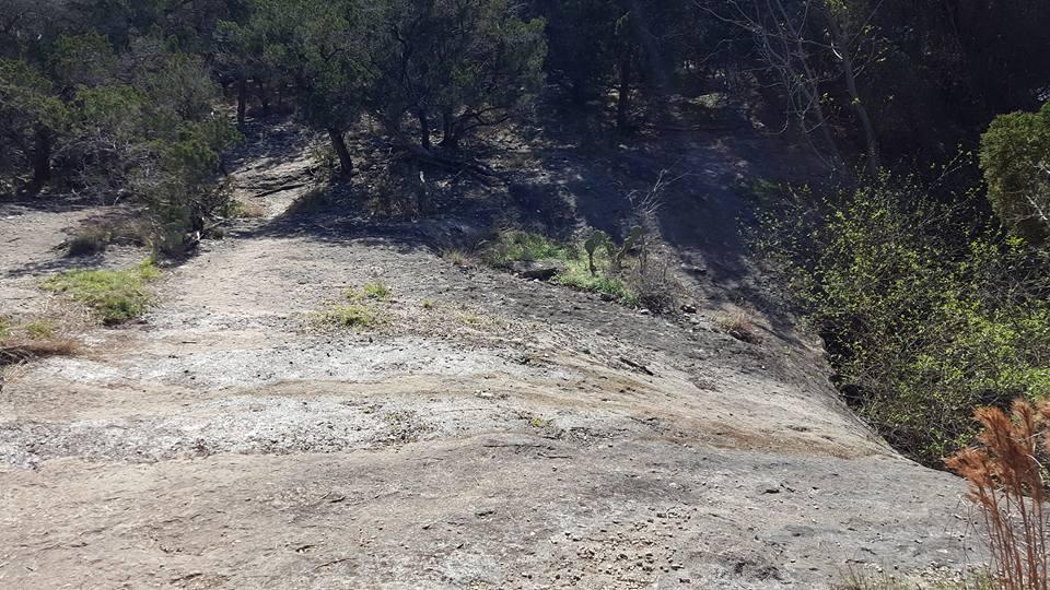 A rocky, sloped terrain covered in sparse grass and small bushes, surrounded by trees. The scene depicts a natural landscape with dry soil and some greenery, suggesting a sunny day in a hilly area. Goodwater Trail mountain bike trail.
