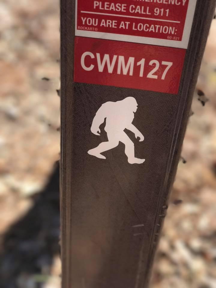 A close-up image of a metal signpost featuring a white silhouette of a sasquatch, partially obscured by dirt. Below the silhouette, there's a red emergency information sticker indicating "PLEASE CALL 911" and the location marker "CWM127." The background has natural, blurred foliage indicating an outdoor setting. Coldwater Mountain mountain bike trail.