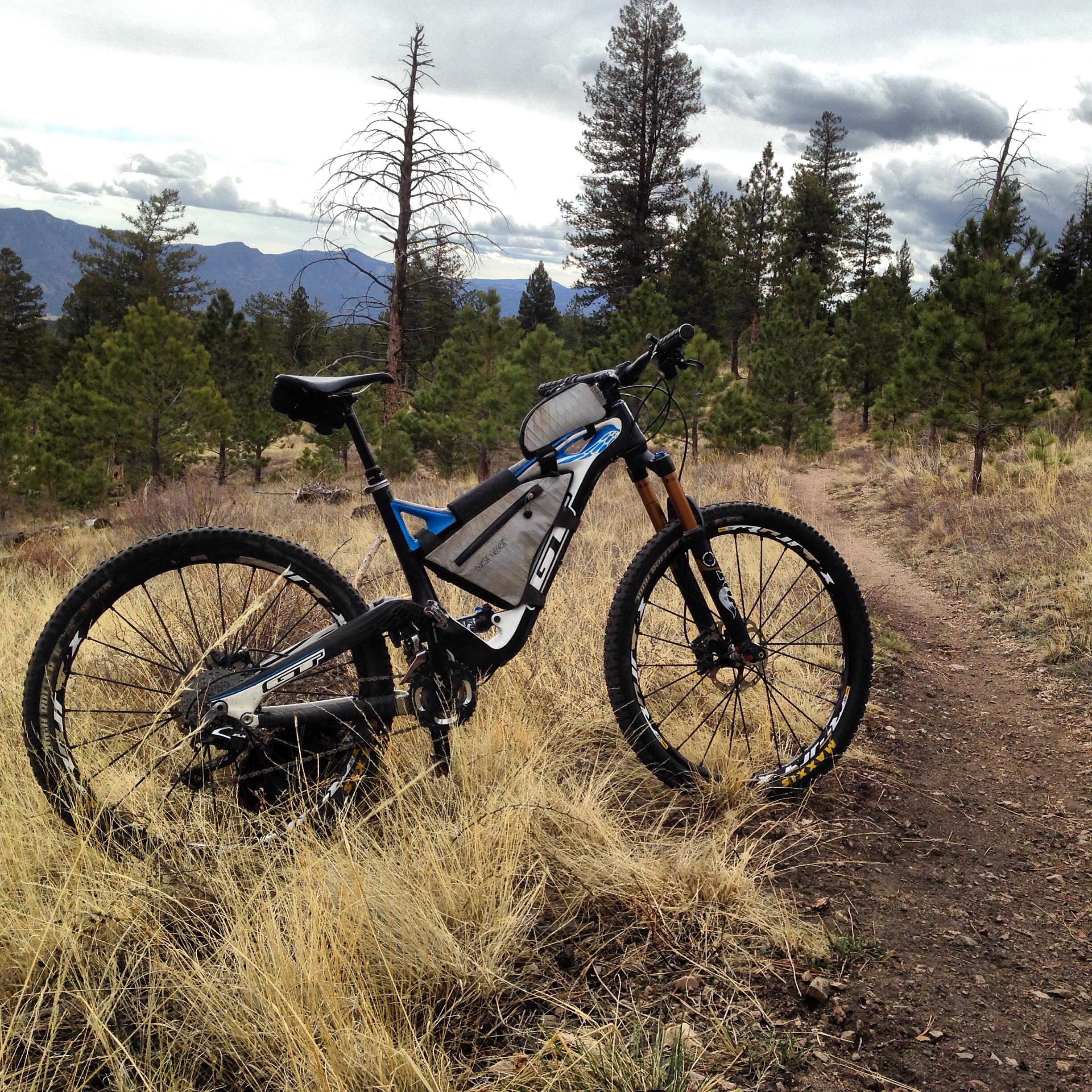 A mountain bike with a blue and black design resting on a dirt trail surrounded by grass and pine trees, with mountains in the background under a cloudy sky. Colorado Trail: Mt. Shavano thd to Chalk Creek thd mountain bike trail.