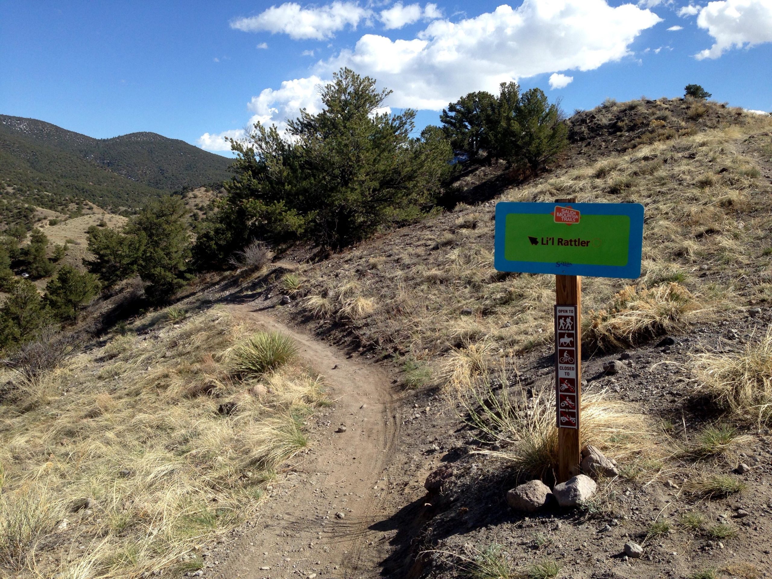 A trail sign labeled "Li'l Rattler" along a dirt path in a mountainous area, surrounded by grass and pine trees under a blue sky with scattered clouds. Arkansas Hills mountain bike trail.