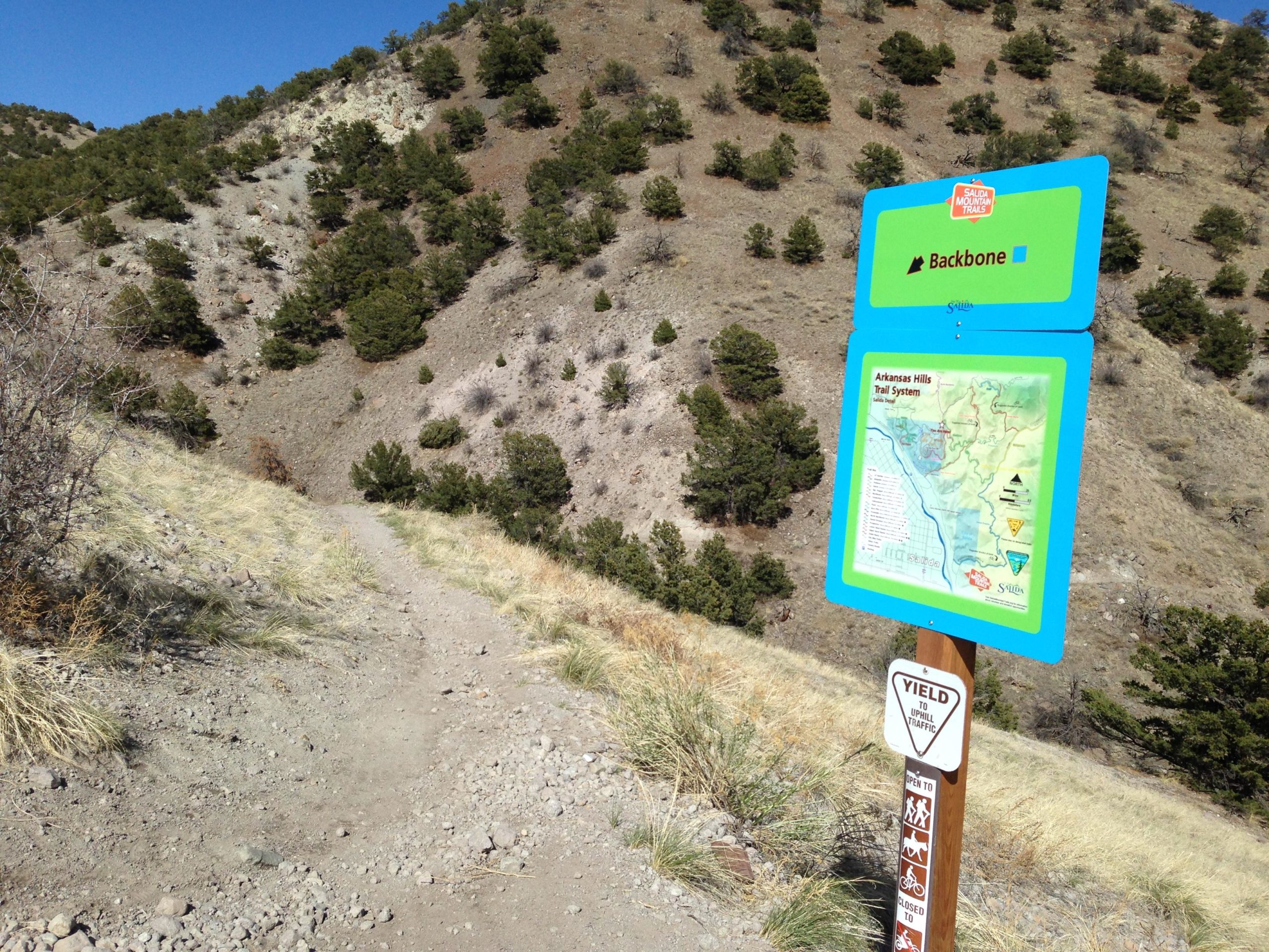 A trail sign indicating the Backbone route, part of the Arkansas Hills Trail System, situated on a dirt path surrounded by hilly terrain and sparse vegetation. The sign includes a map of the trail system and symbols for yielding to different types of trail users. Clear blue sky in the background. Arkansas Hills mountain bike trail.