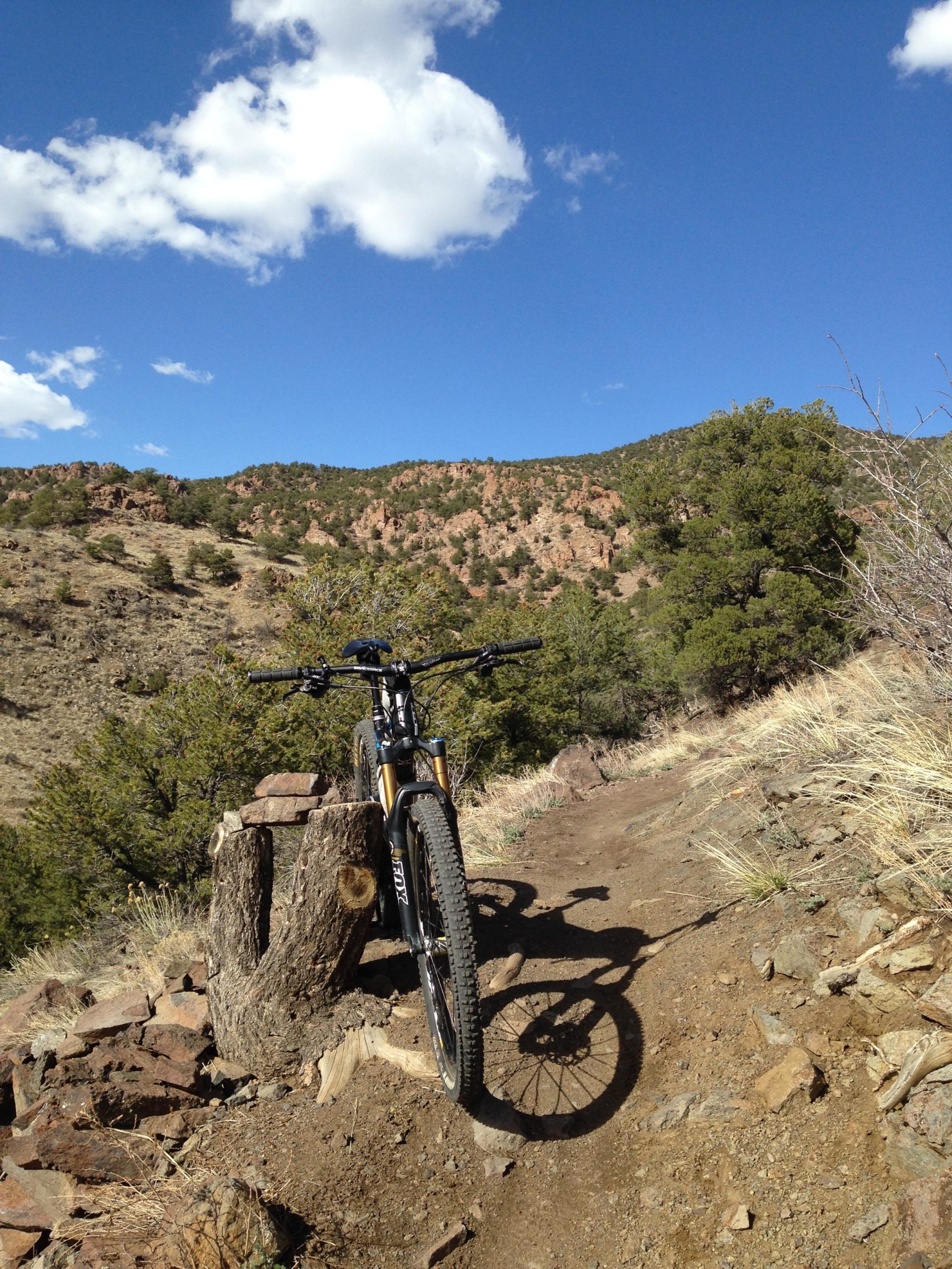 A mountain bike resting on a trail next to a wooden stump, with a backdrop of rocky hills, green trees, and a clear blue sky featuring scattered clouds. Arkansas Hills mountain bike trail.