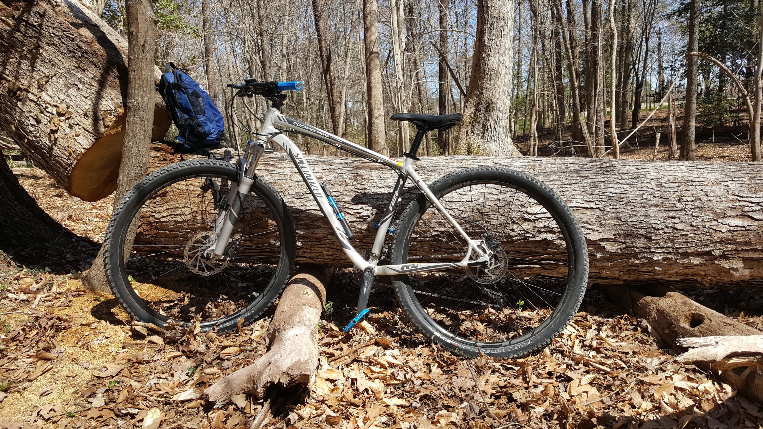 Specialized Rockhopper Comp 29: A mountain bike leaning against a fallen log in a wooded area, surrounded by dry leaves and trees. A blue backpack is resting on the log above the bike. The scene is bright and captures a natural outdoor setting.