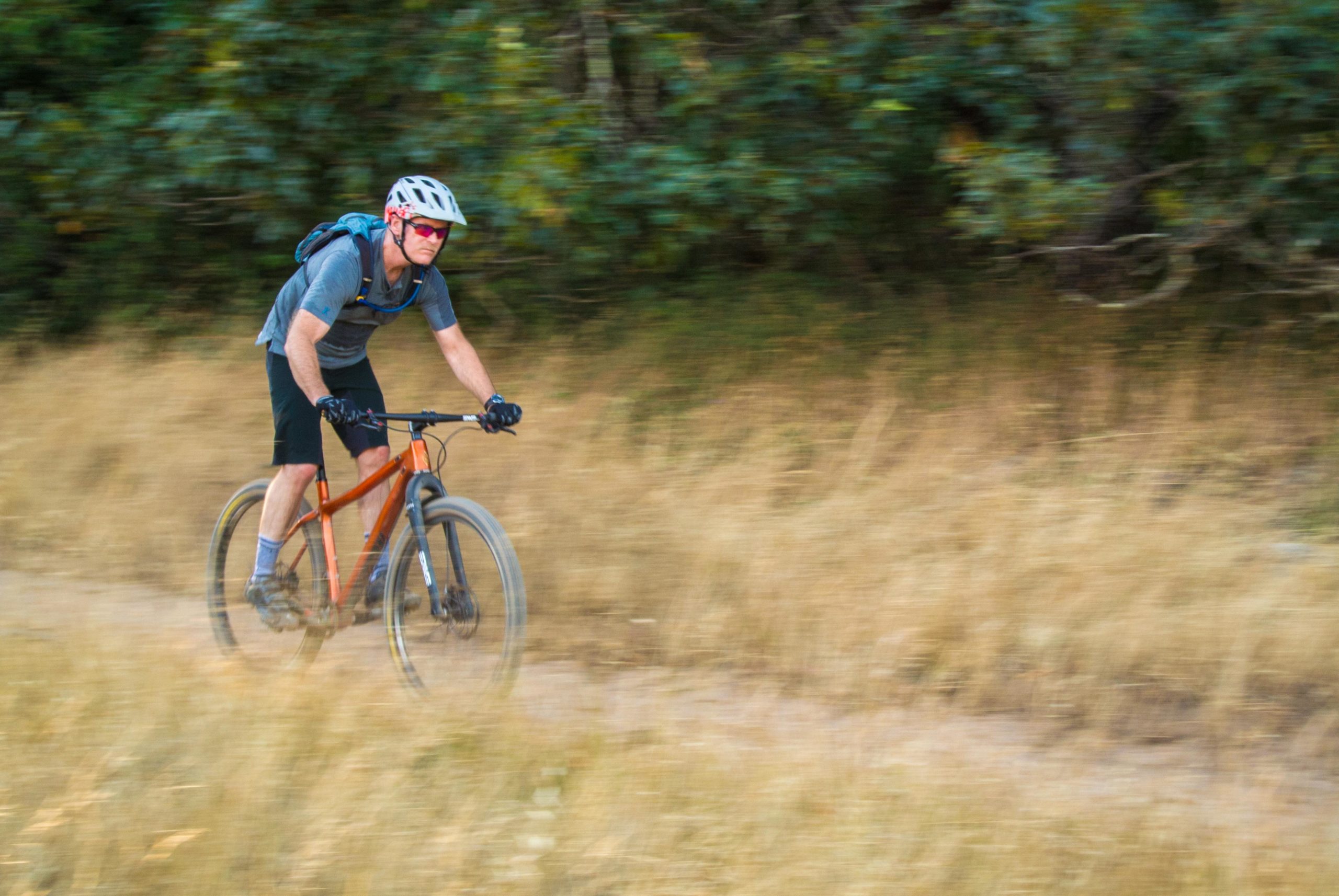 A person riding a mountain bike on a dirt path surrounded by tall grass and greenery, wearing a helmet and sunglasses, with a determined expression. The image captures motion, suggesting speed as the cyclist navigates the terrain. Annadel State Park mountain bike trail.