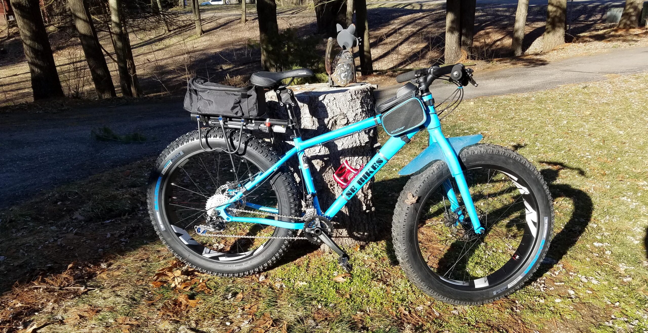 SE F@R: A blue fat bike parked next to a tree stump in a wooded area, with sunlight shining on it. The bike features a black gear bag attached to the rear and is positioned on a grassy patch with fallen leaves. In the background, trees are visible along a gravel path.