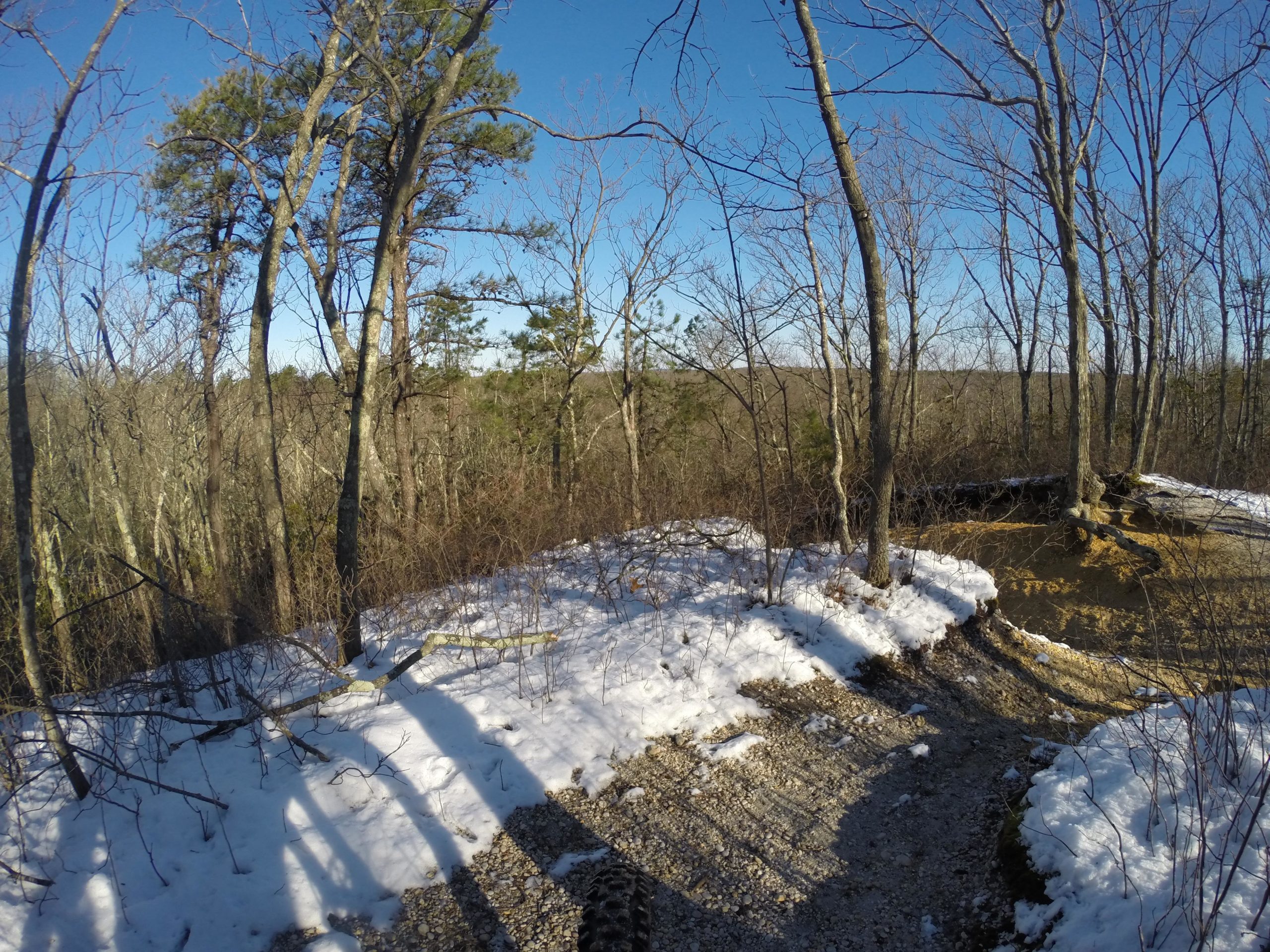 Winter landscape featuring a wooded area with snow on the ground and bare trees. The scene includes a glimpse of a trail or path, with shadows extending across the snow. In the background, there are rolling hills visible under a clear blue sky. Allaire State Park mountain bike trail.