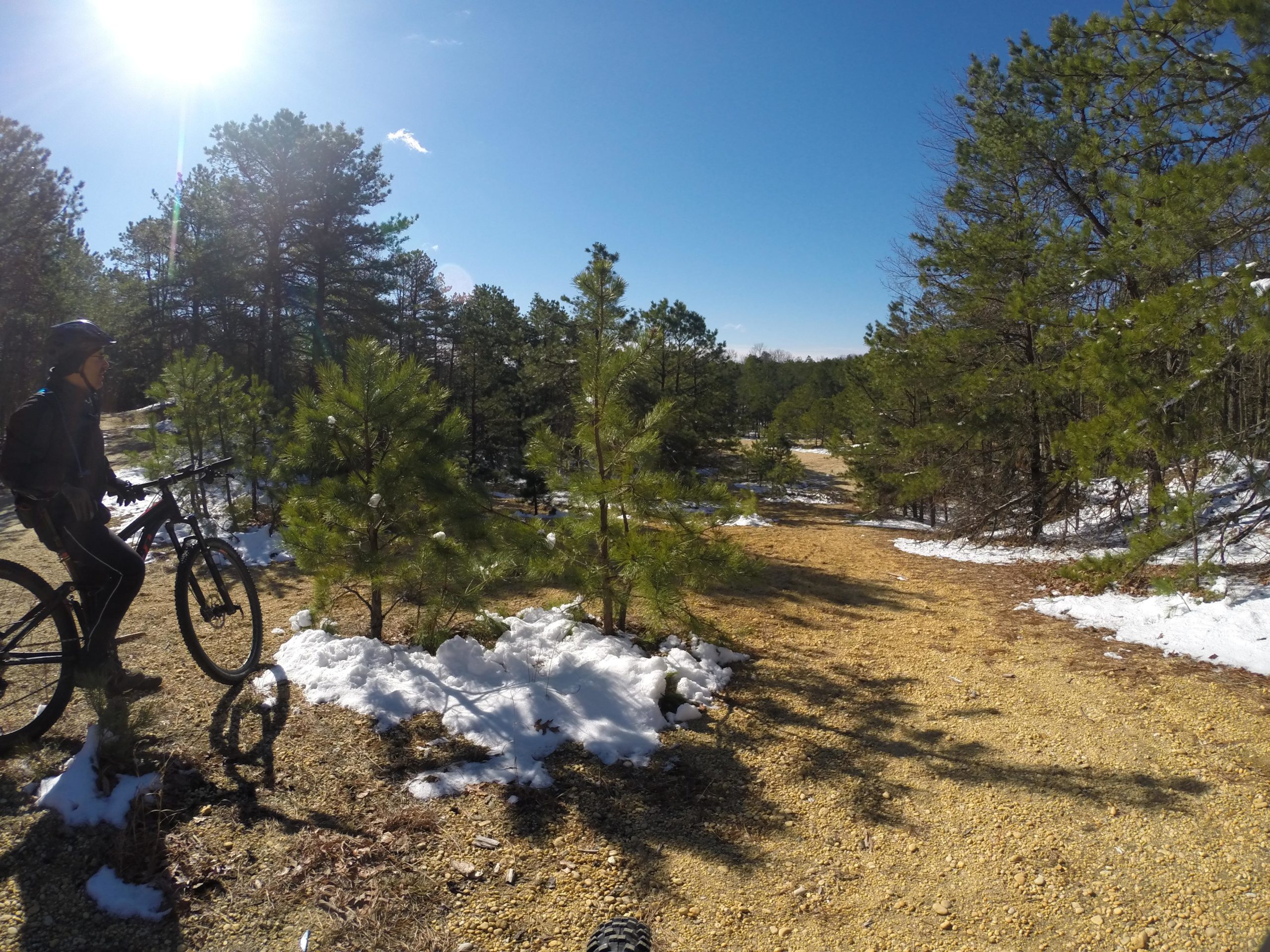 A mountain biker pauses on a gravel path surrounded by trees and patches of snow, with a bright sun shining overhead and a clear blue sky in the background. Allaire State Park mountain bike trail.