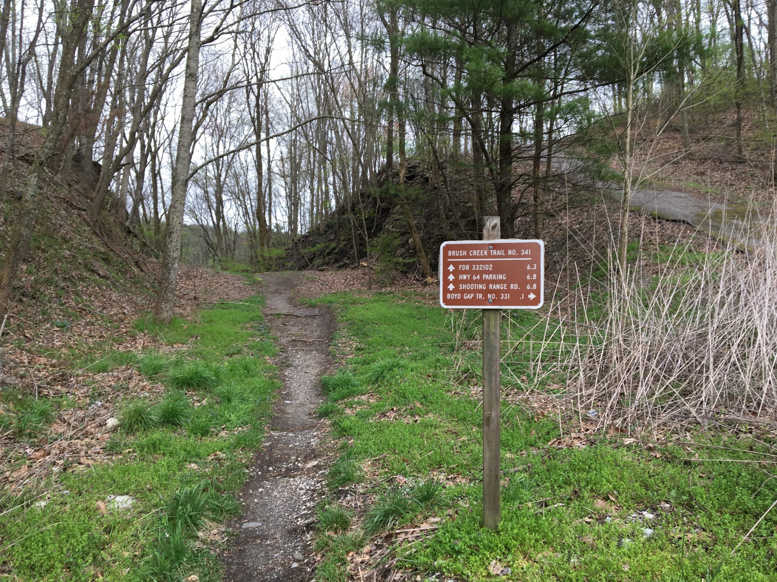 A dirt path leads into a wooded area, with bare trees on either side and green grass peeking through the leaves. A brown trail sign is positioned on the left, indicating directions and distances to various locations along Brush Creek Trail No. 341. Brush Creek mountain bike trail.
