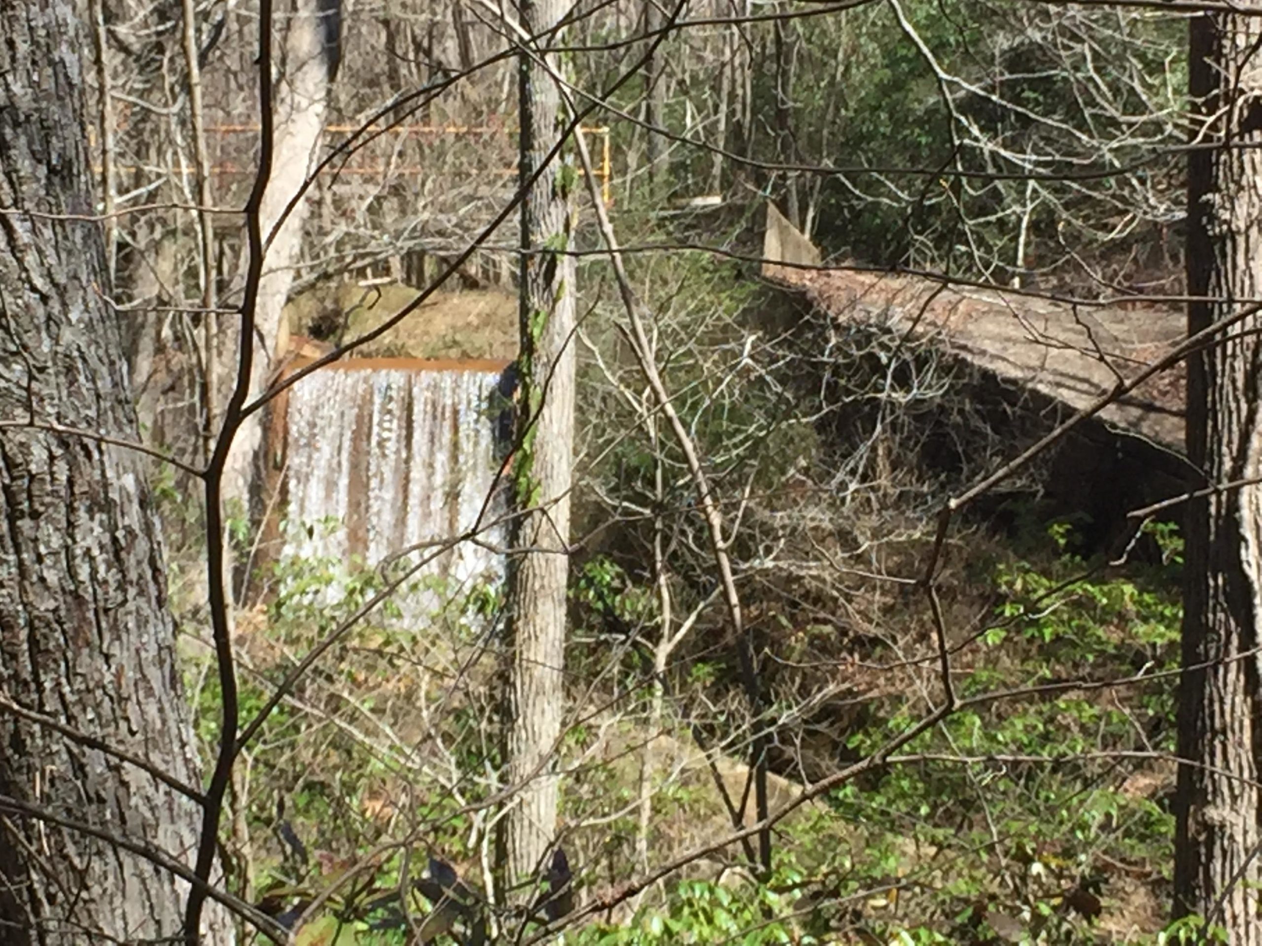 A scenic view of a waterfall cascading over rocks, framed by trees and underbrush, with a bridge visible in the background. The area appears to be in a natural setting, likely in a wooded environment. Chicopee Woods mountain bike trail.