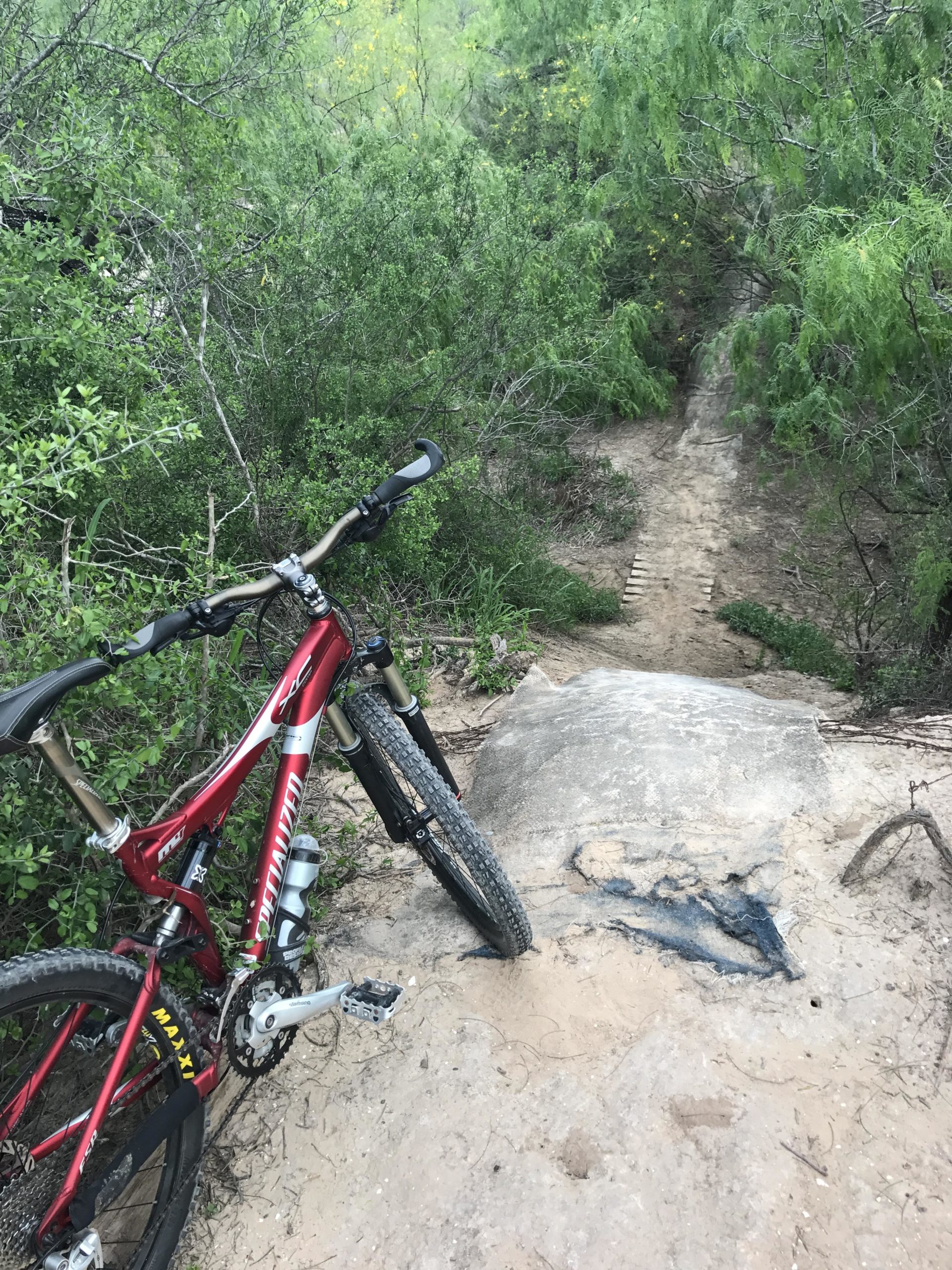 A red mountain bike is leaning against a rocky outcrop on a dirt trail surrounded by green bushes and trees. The path ahead descends steeply with visible tire tracks and a worn surface. Mission Trails mountain bike trail.