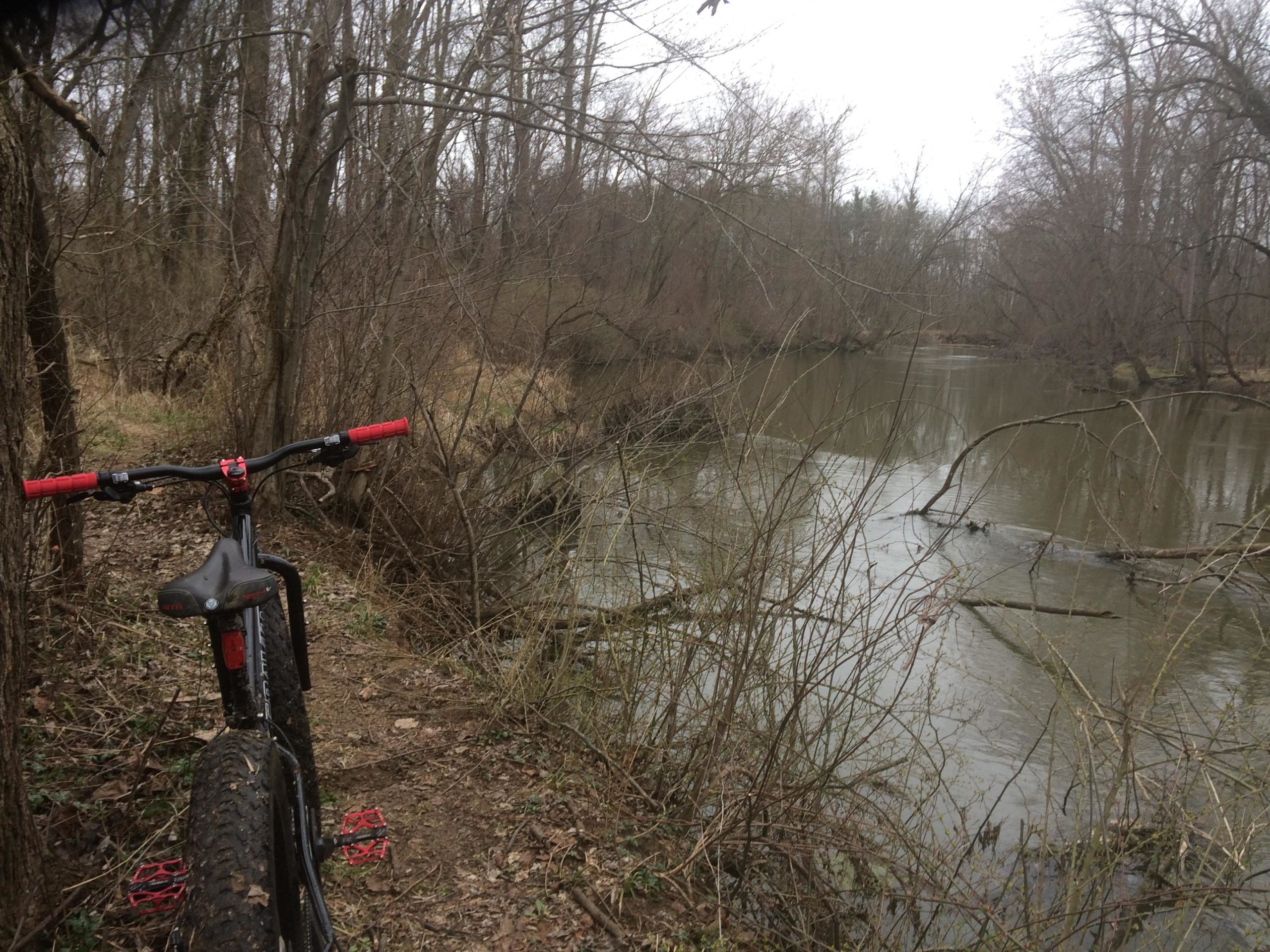 A mountain bike positioned beside a serene, winding river, surrounded by sparse trees and underbrush on an overcast day. The bike features red handlebars and pedals, with the river reflecting the muted light and showcasing fallen branches along the bank. Goshen mountain bike trail.