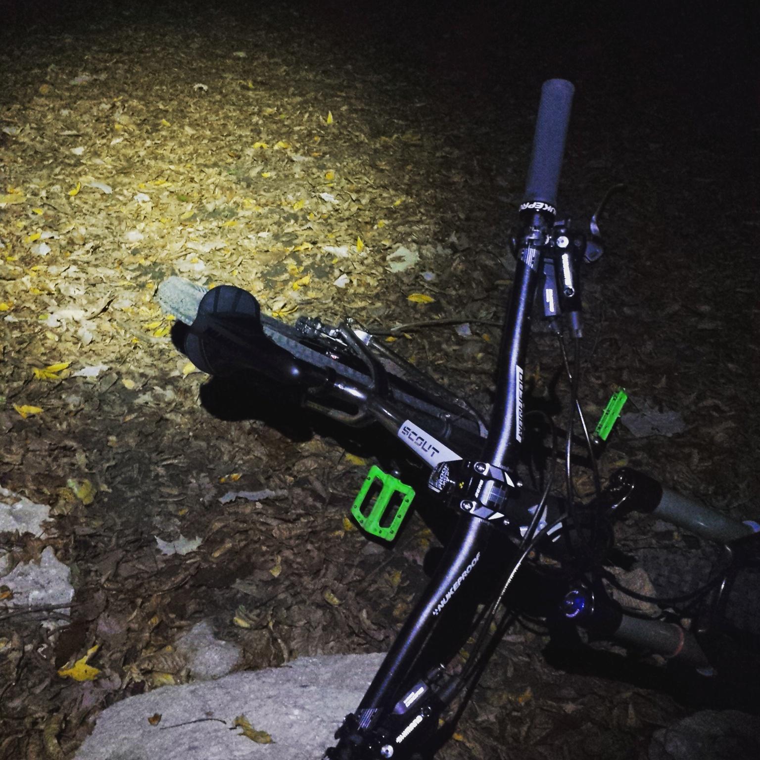 Nukeproof Mega AM 275 Pro: A close-up of a mountain bike resting on a bed of fallen leaves at night, illuminated by a bright light. The bike features green pedals and a sleek black frame, with rocky terrain partially visible. The focus is on the bike's handlebars, seat, and the surrounding dark, leaf-covered ground.
