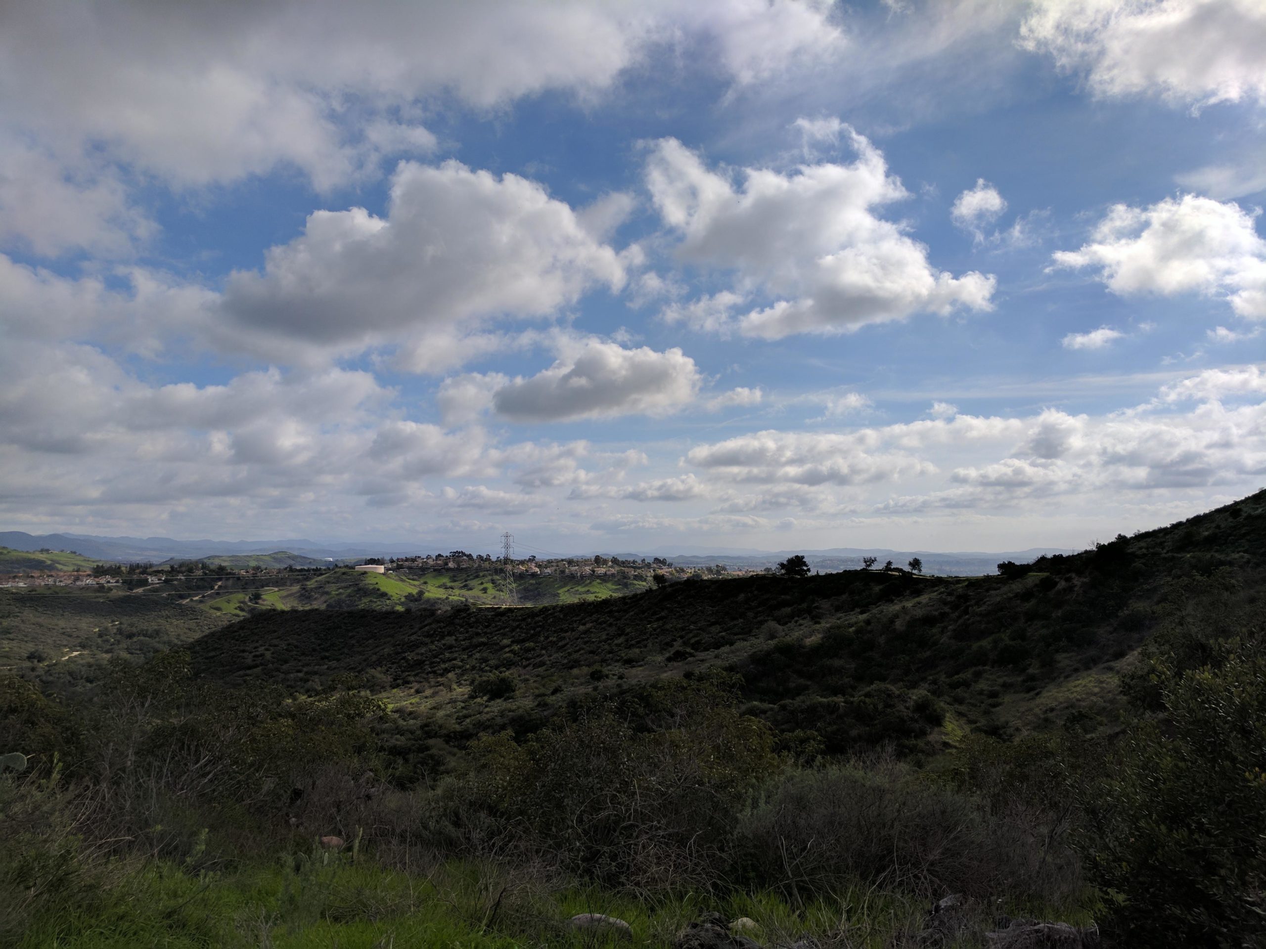 A panoramic view of rolling green hills under a partly cloudy sky, with scattered clouds and a distant horizon. The foreground features a variety of shrubs and vegetation, while residential areas can be seen nestled in the hills. Whiting Ranch Wilderness Park mountain bike trail.