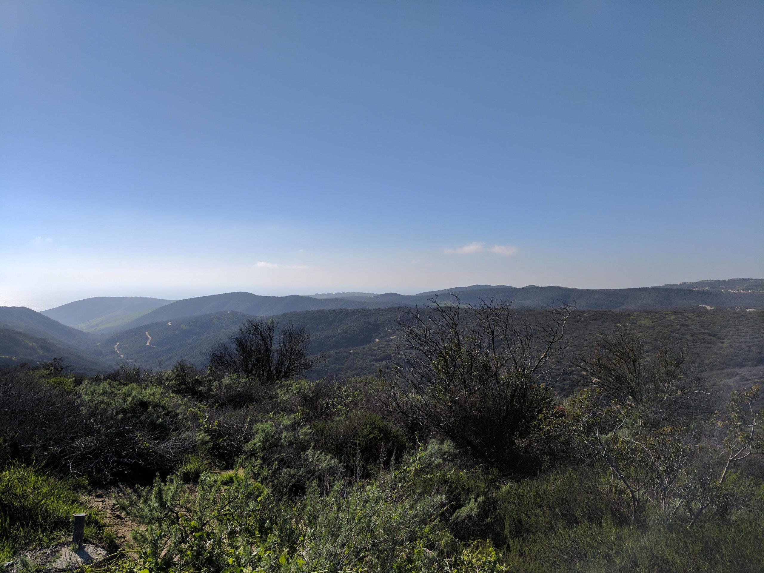 A panoramic view of rolling hills and valleys under a clear blue sky, with sparse vegetation and a winding road visible in the distance. The landscape features a mix of green shrubs and dry patches, showcasing the natural beauty of the area. El Moro / Erection Loop mountain bike trail.