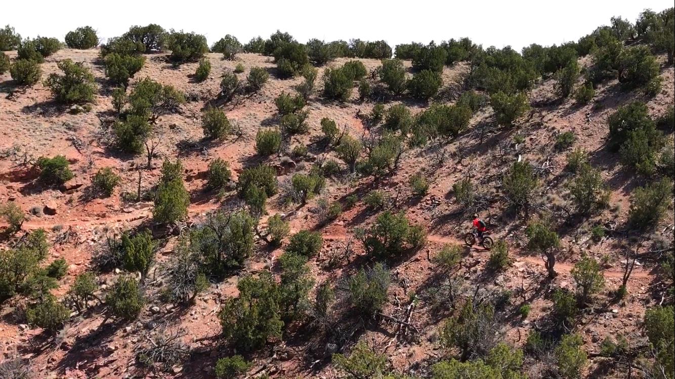 A mountain biker in a bright red shirt rides along a winding dirt trail on a rocky hillside, surrounded by dense greenery and dry terrain under a clear sky. Golden Open Space mountain bike trail.