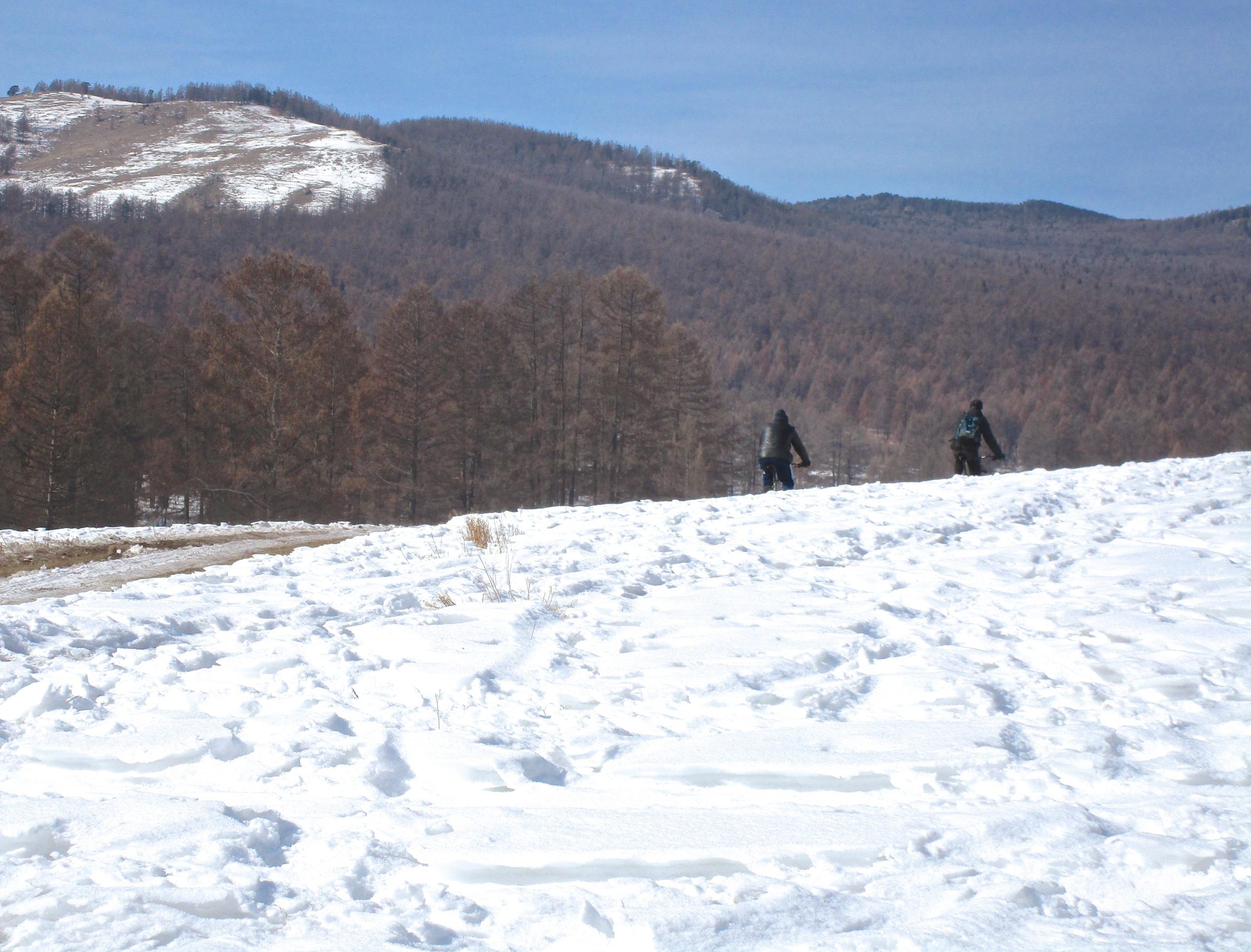 Two individuals are walking across a snowy landscape, with a backdrop of hills and sparse trees. The sky is clear and blue, suggesting a bright, sunny day. The snow-covered ground shows footprints, indicating recent activity in the area. Tsetsee Gun East Trail mountain bike trail.