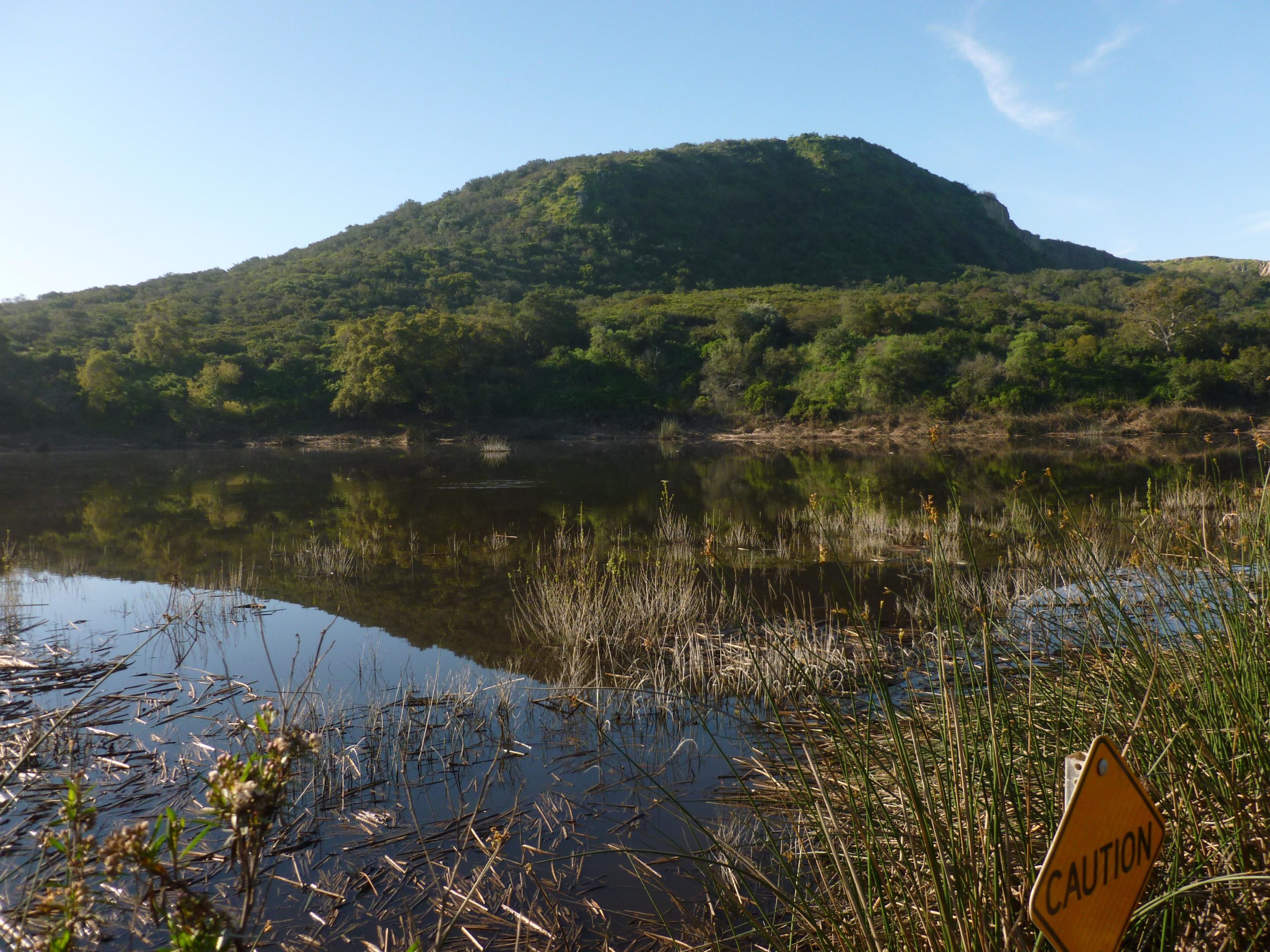 A serene landscape featuring a calm body of water surrounded by lush greenery and a gently sloping hill in the background. In the foreground, dry grass and reeds emerge from the water, while a caution sign is partially visible to the right. The sky above is clear with a few wispy clouds. Lake Calavera mountain bike trail.