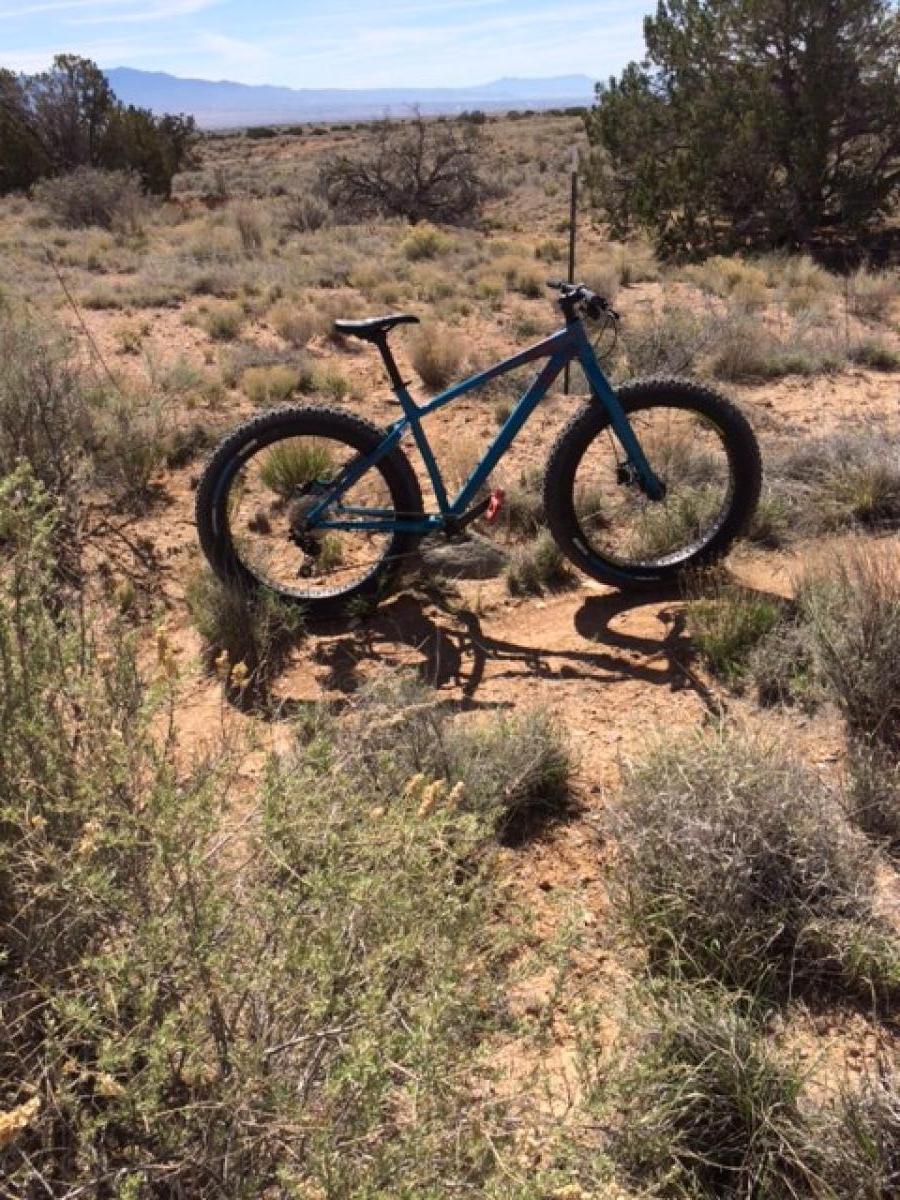 Rocky Mountain Blizzard: A bright blue fat bike is positioned on a sandy trail surrounded by sparse desert vegetation, including small bushes and grasses. In the background, distant mountains and a clear blue sky create a scenic outdoor setting.