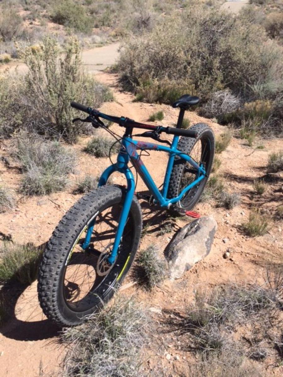 Rocky Mountain Blizzard: A blue fat bike parked on a dirt path surrounded by sparse vegetation and rocks, with large tires designed for rugged terrain.