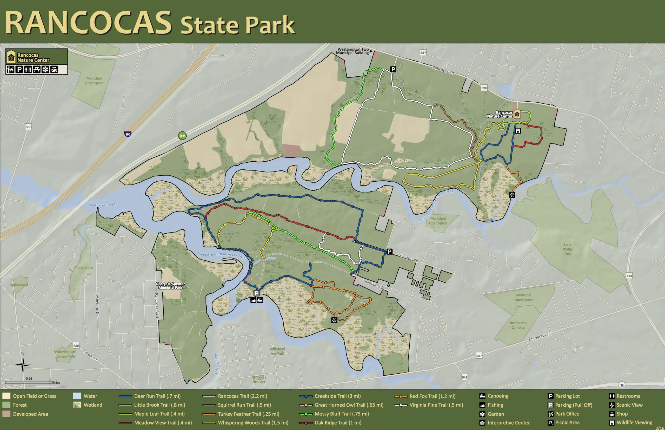 Map of Rancocas State Park, featuring various trails highlighted in different colors, marked with their lengths. Key landmarks include the Rancocas Nature Center, parking areas, and recreational facilities such as canoeing and fishing spots. The map also indicates water bodies, forests, and other natural features within the park. Rancocas State Park - Westampton mountain bike trail.