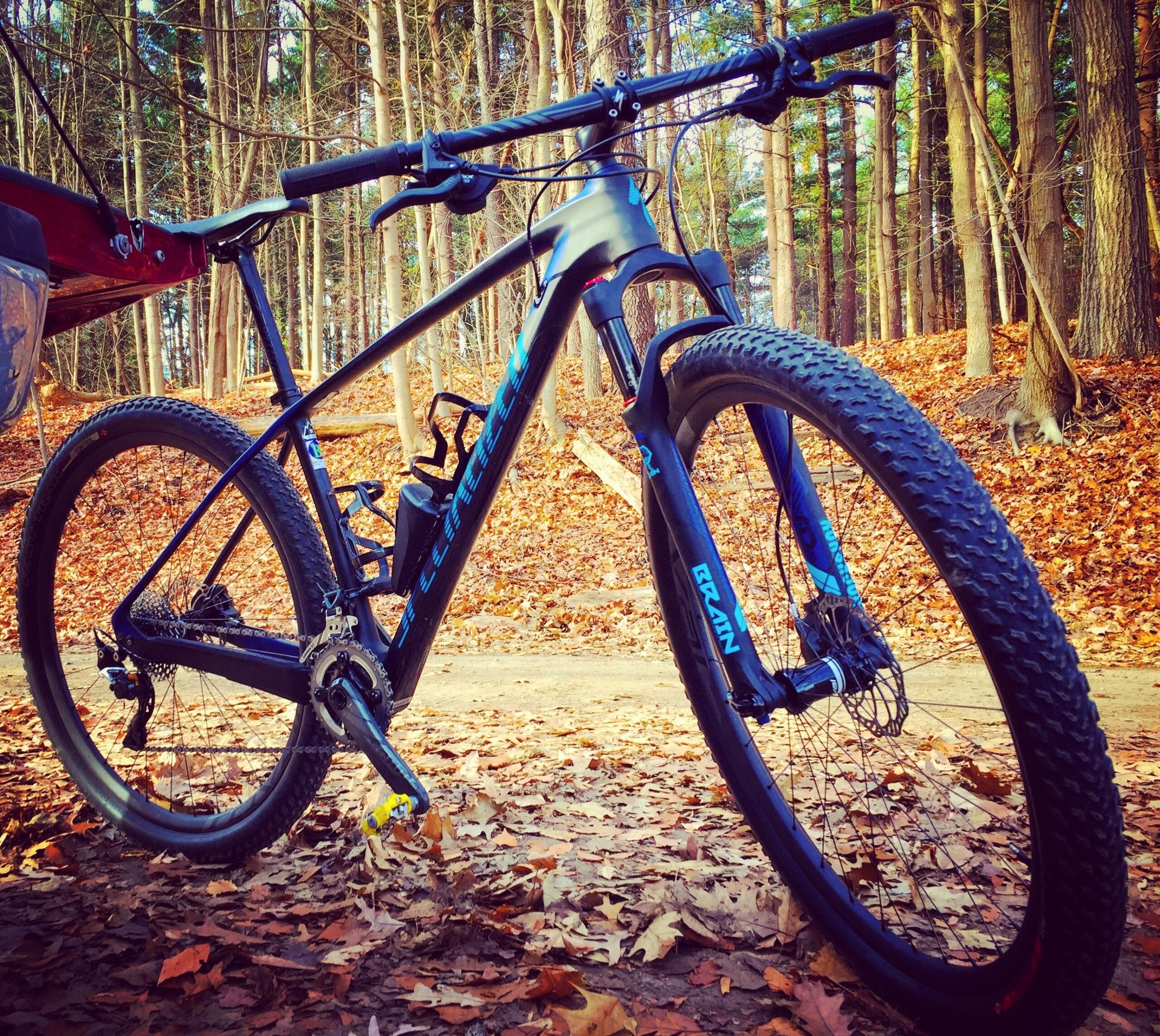Specialized STUMPJUMPER EXPERT CARBON HT: A black mountain bike with blue accents is positioned on a trail covered in fallen leaves, surrounded by trees. The bike features a water bottle holder, a prominent front tire, and a visible drivetrain system. The background showcases a wooded area with autumn foliage.