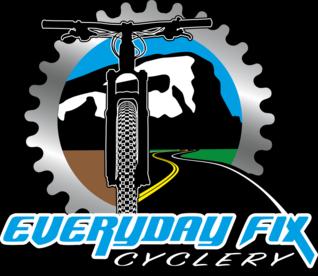 Logo of "Everyday Fix Cyclery," featuring a mountain bike with a visible tire and handlebars at the top, set against a colorful circular background depicting mountains and a road. The text "Everyday Fix Cyclery" is prominently displayed below the bike in vibrant blue and white lettering.