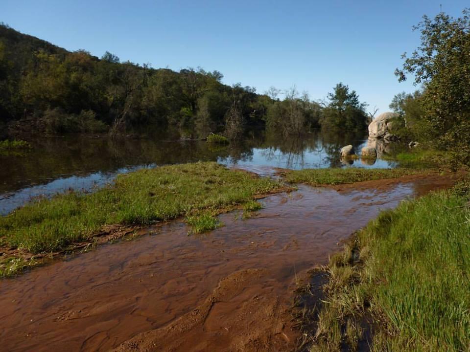 A serene landscape featuring a body of water surrounded by lush greenery. The water reflects the clear blue sky, while patches of grass and soil are visible along the shoreline. Large rocks are positioned in the background, adding to the natural scenery. The area appears tranquil and inviting, highlighting the beauty of the outdoors. Daley Ranch mountain bike trail.