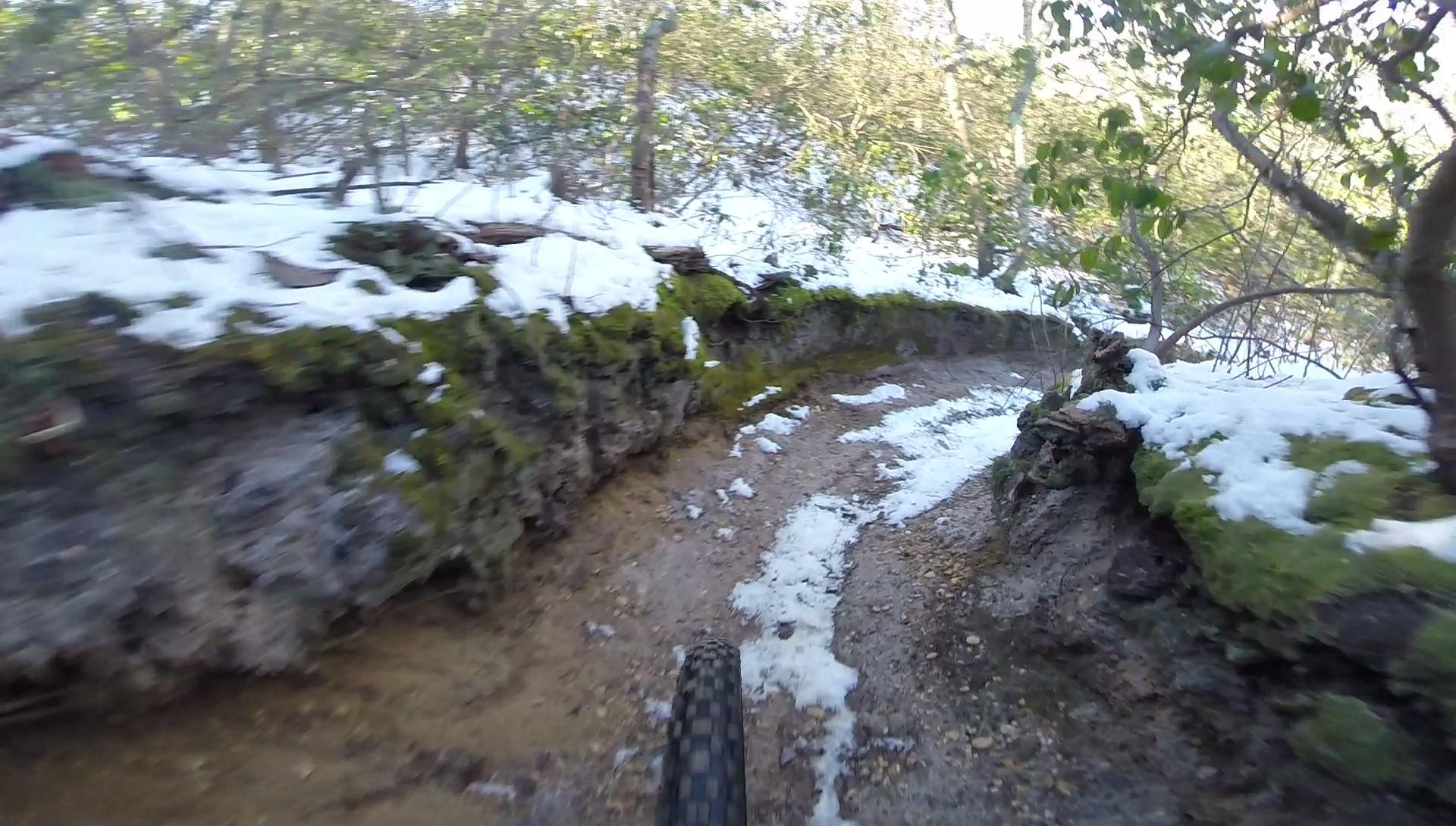A close-up view of a mountain bike tire on a muddy trail surrounded by snow and moss-covered rocks, with trees and greenery in the background. The trail curves ahead, indicating a rugged outdoor environment suitable for biking. Allaire State Park mountain bike trail.